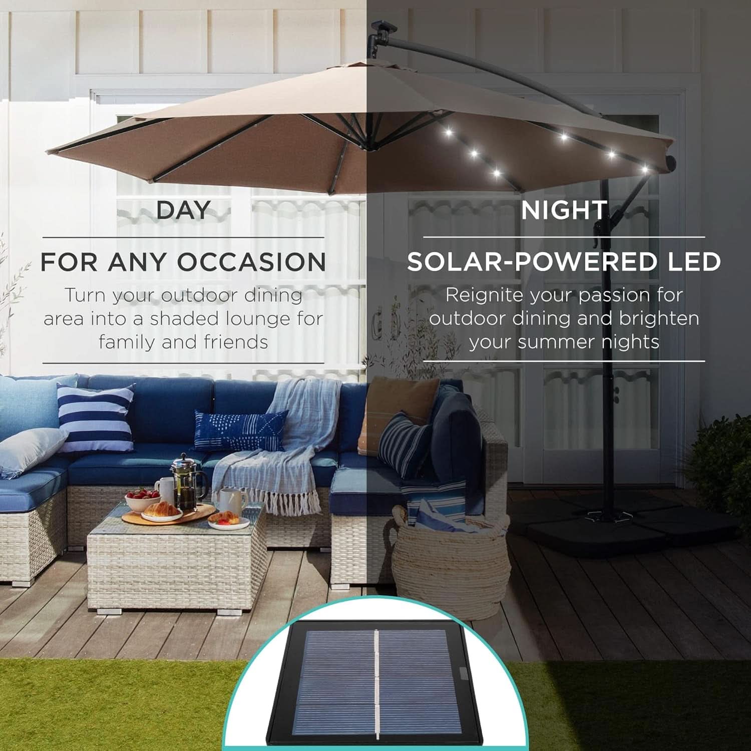 10 Foot Solar LED Offset Patio Umbrella With Easy Tilt Adjustment In Tan For Backyard Use