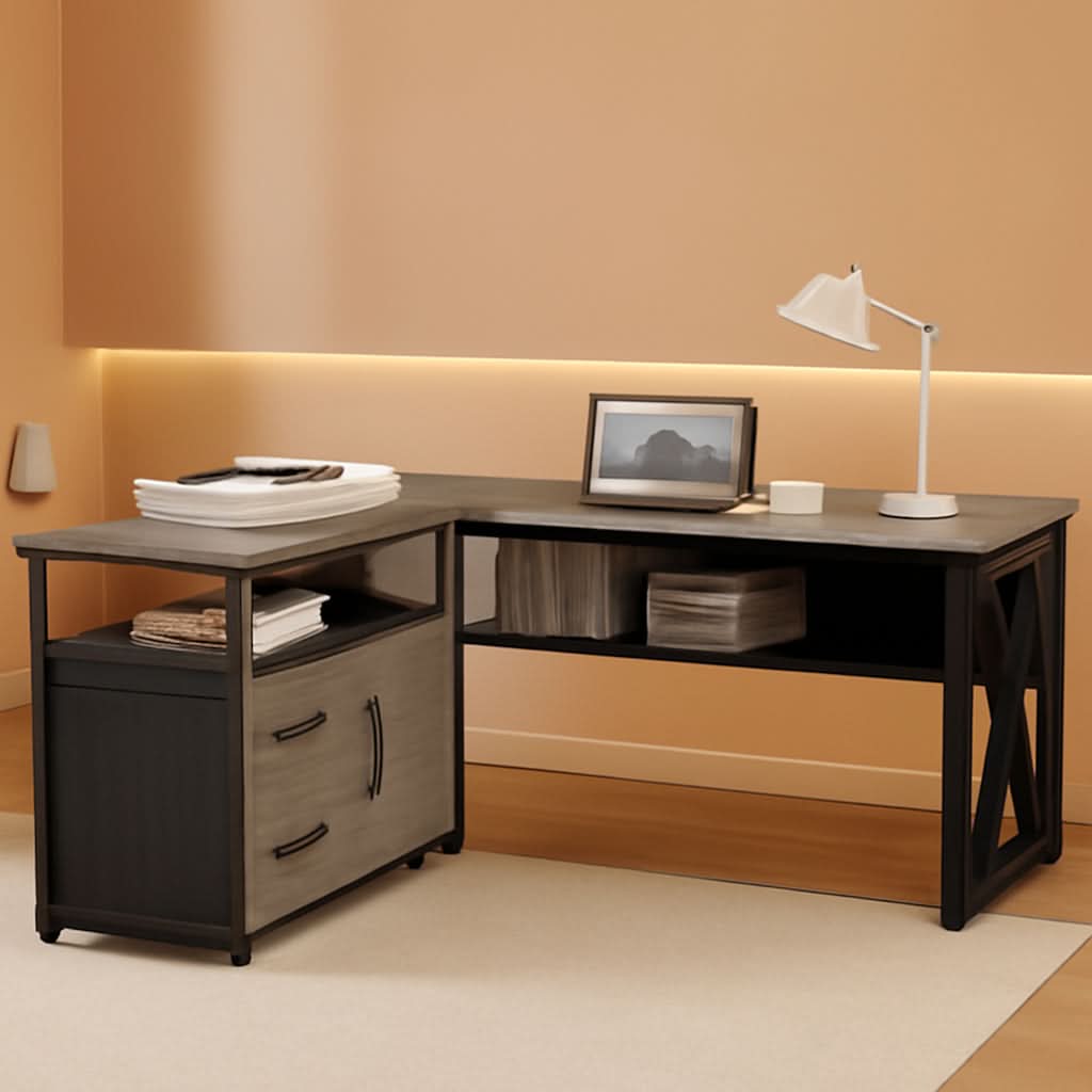 55 Inch L Shaped Office Desk With Grey Filing Cabinet Set