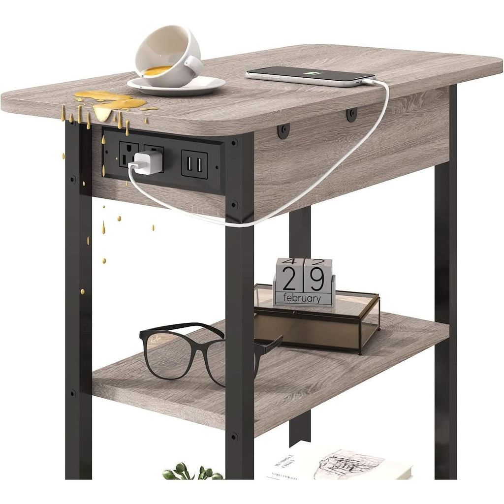End Table With Vertical Charging Station And USB Outlets Greige