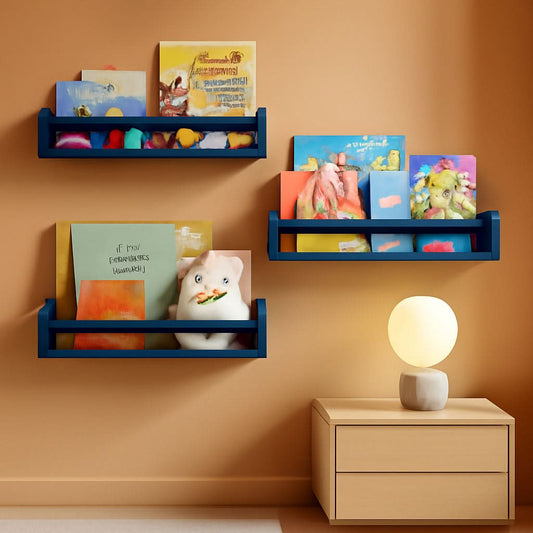 Navy Blue Floating Book Shelves Set of 4 Wall Mounted