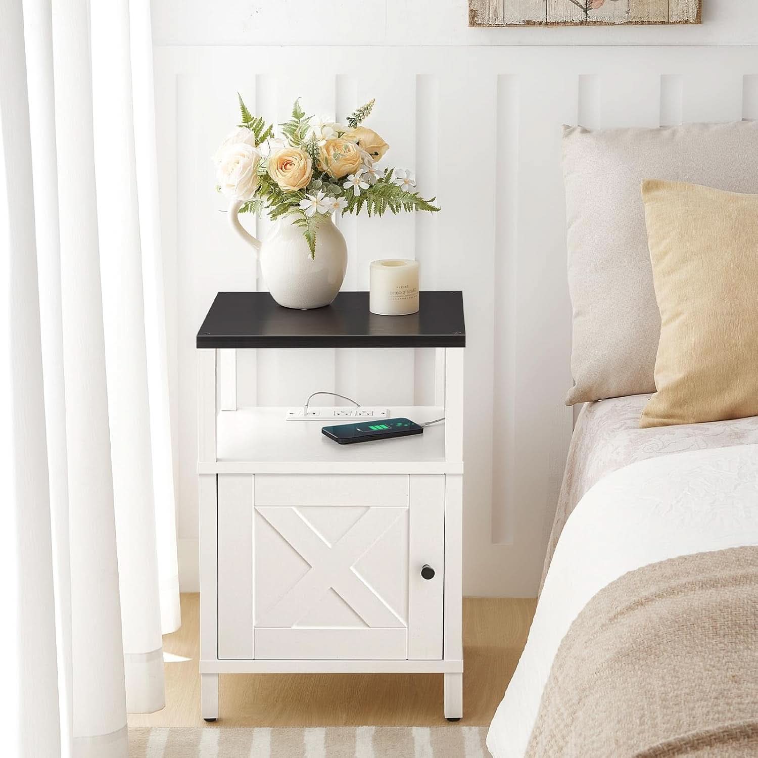 White Farmhouse Bedside Nightstand With USB Type C Ports