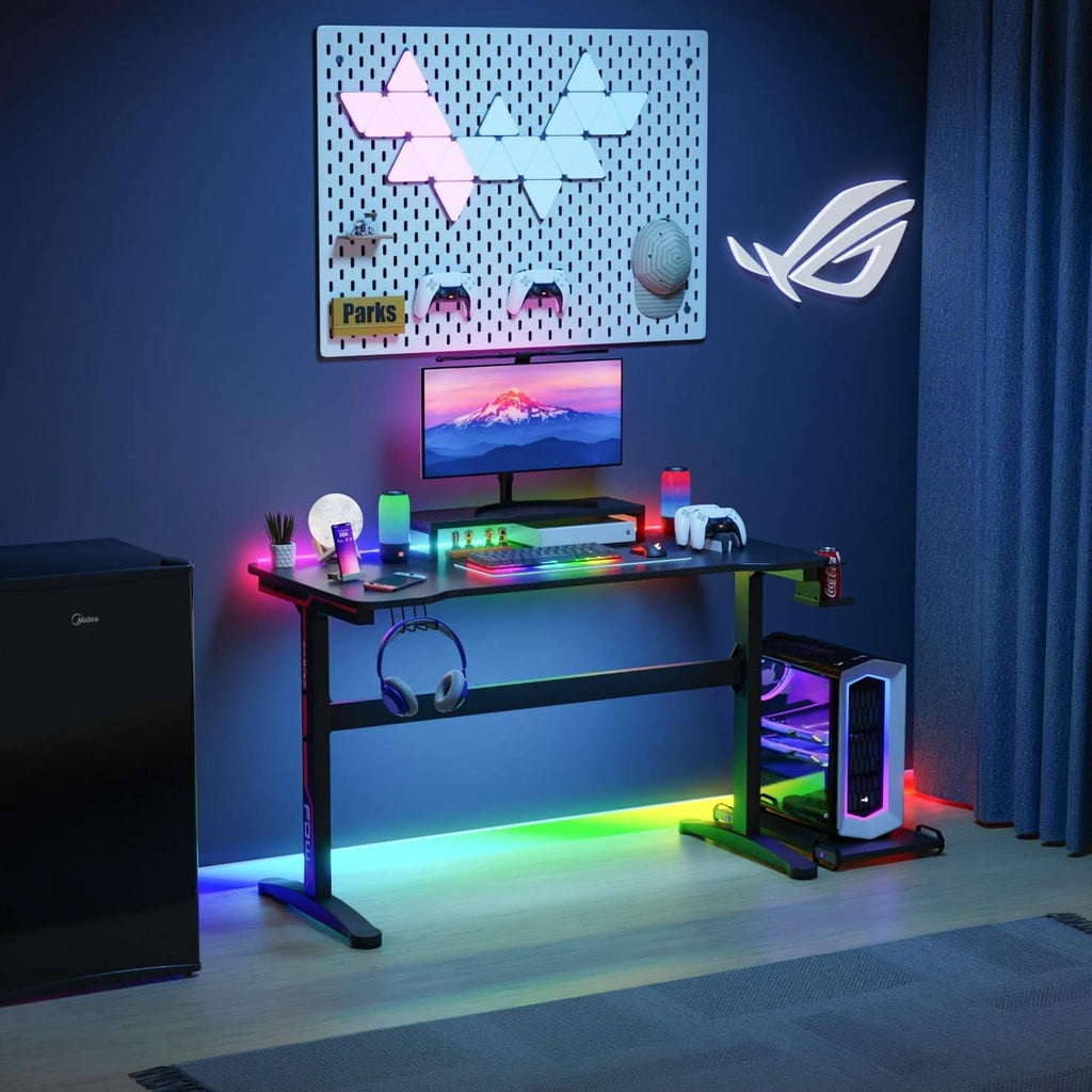 47 Inch T Shaped Gaming Desk With Cup Holder And Headphone Hook