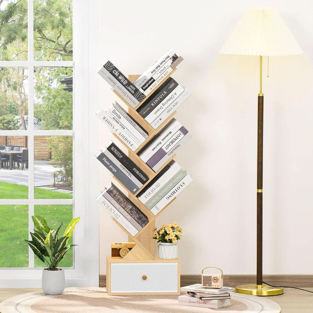 8 Tier Tree Bookshelf With Drawer Natural Wood Bookcase