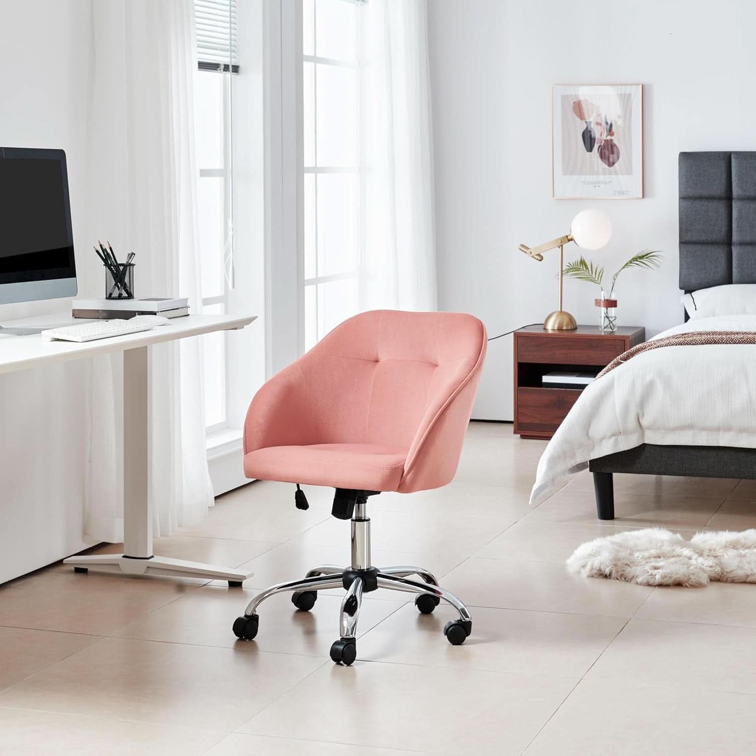 Pink Velvet Desk Chair With Swivel Office Chair Modern
