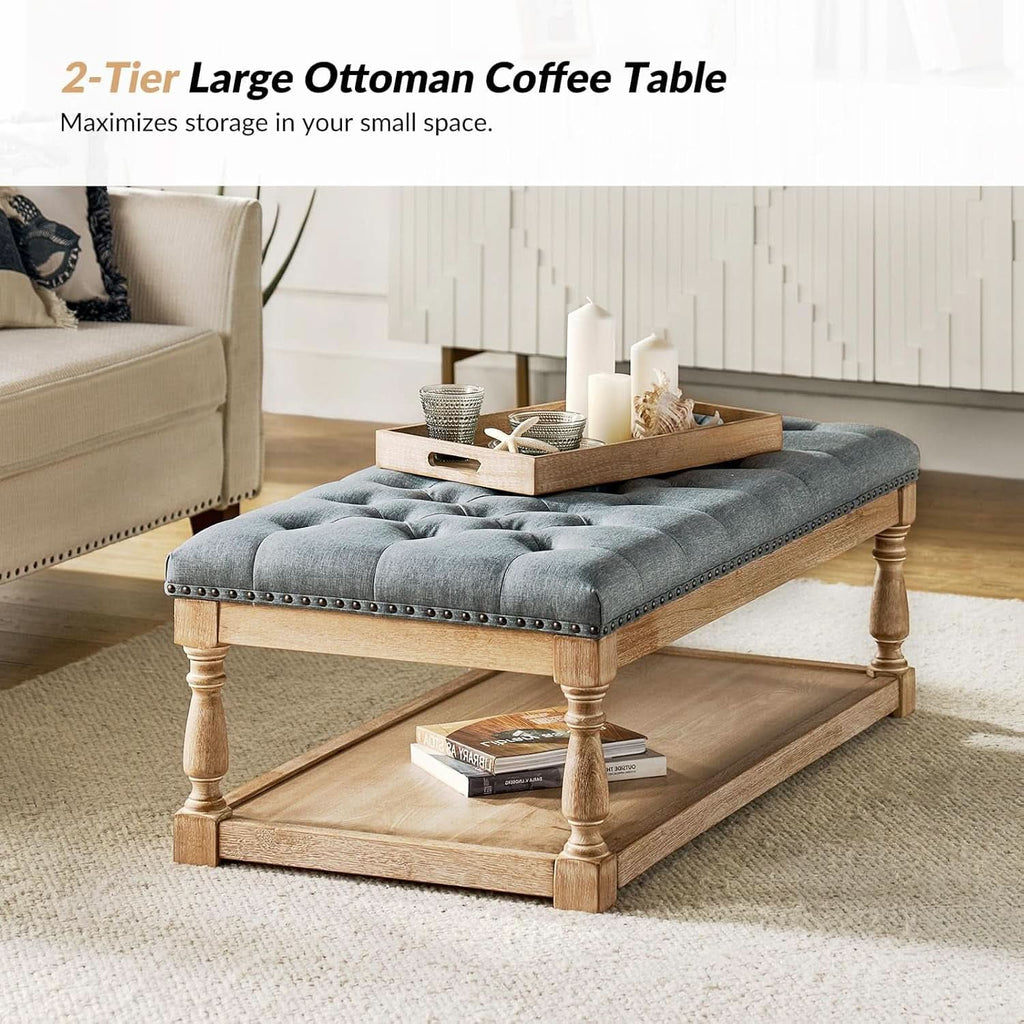 Blue Rectangular Upholstered Ottoman Coffee Table Tray