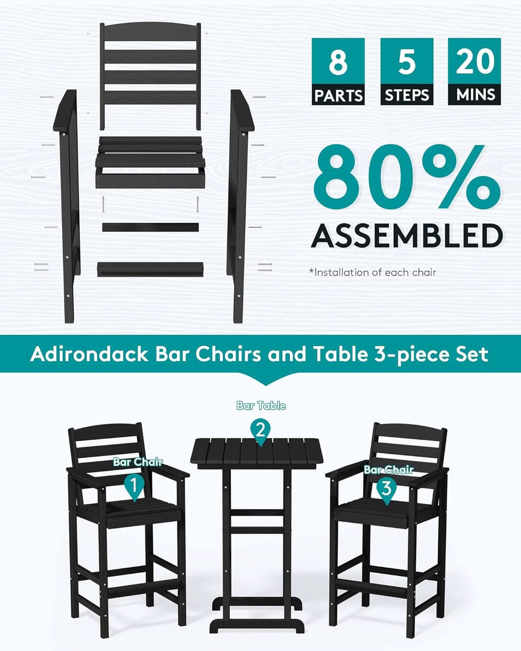 Black Balcony Adirondack Bar Chair Set With Table 3 Piece