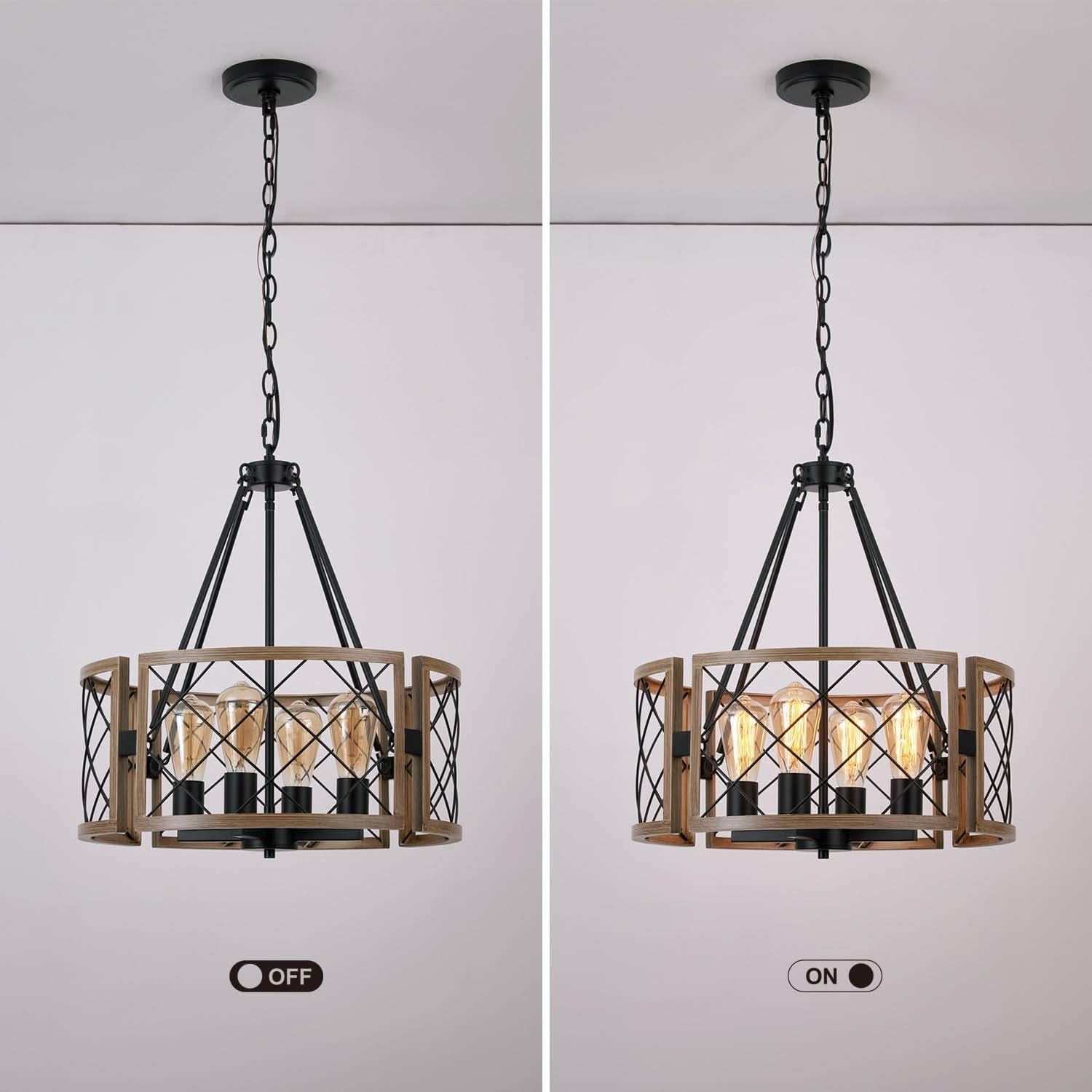 4 Light Modern Farmhouse Chandelier Grey Wood Rustic Finish
