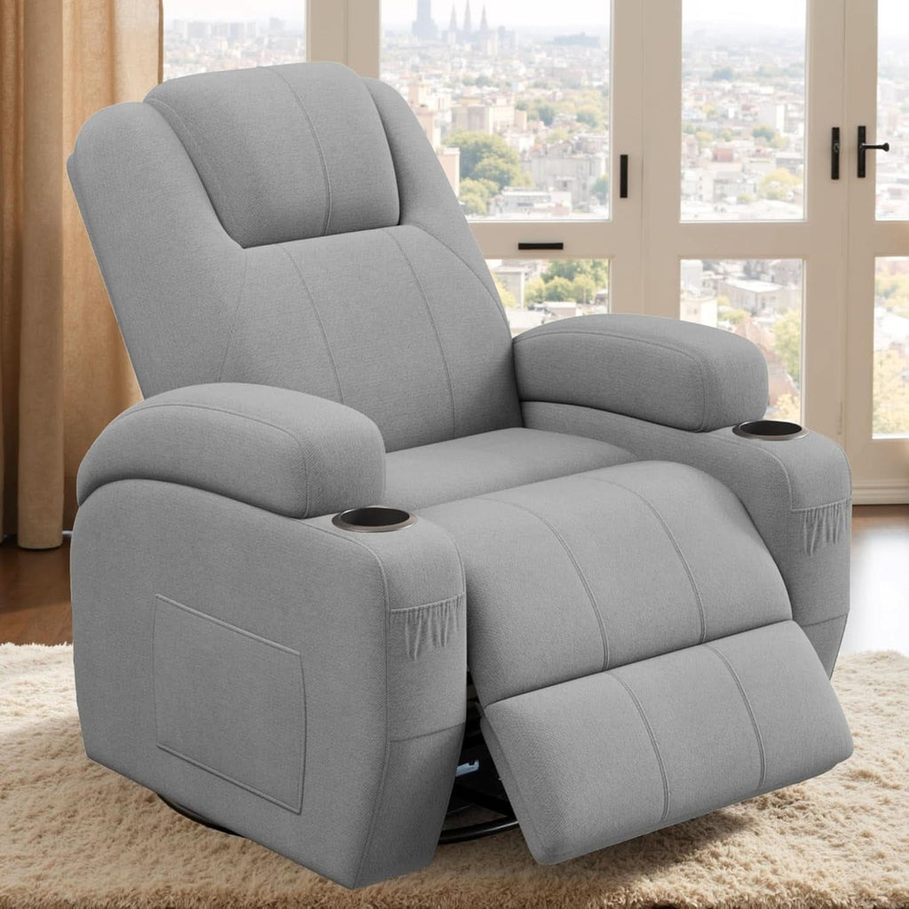 Gray Fabric Swivel Rocker Recliner With Vibration Massage