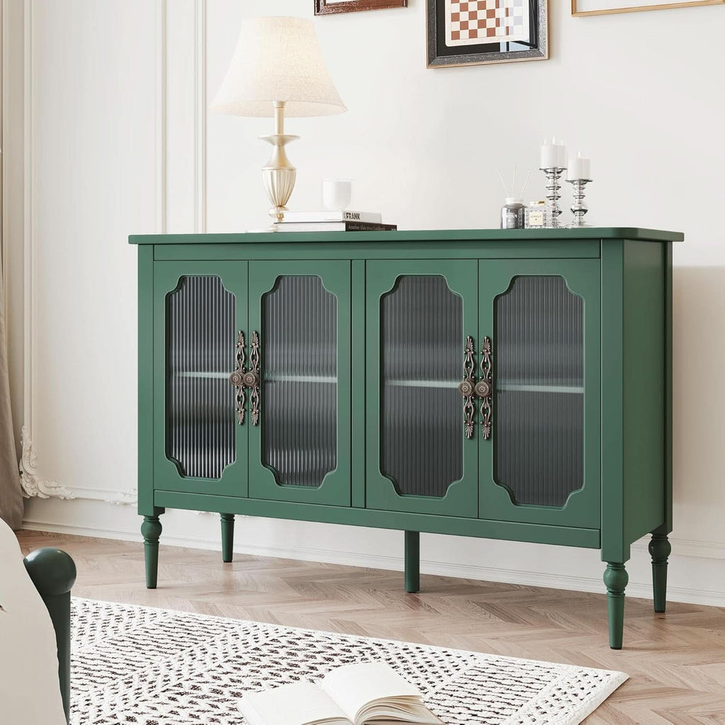 Vintage Green Glass Doors Buffet Sideboard Storage 48 Inch