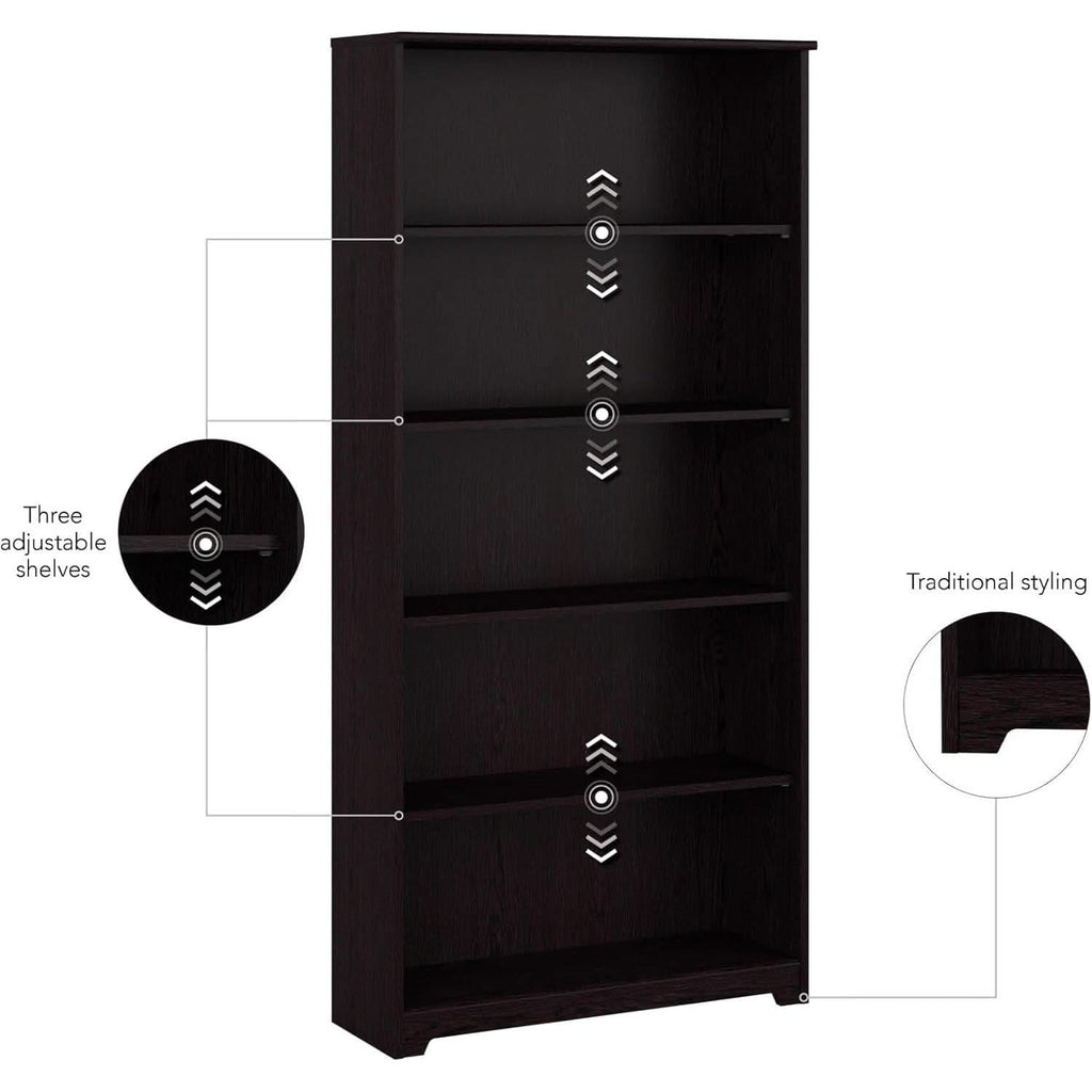 Tall Five Shelf Bookcase Espresso Oak For Living Room