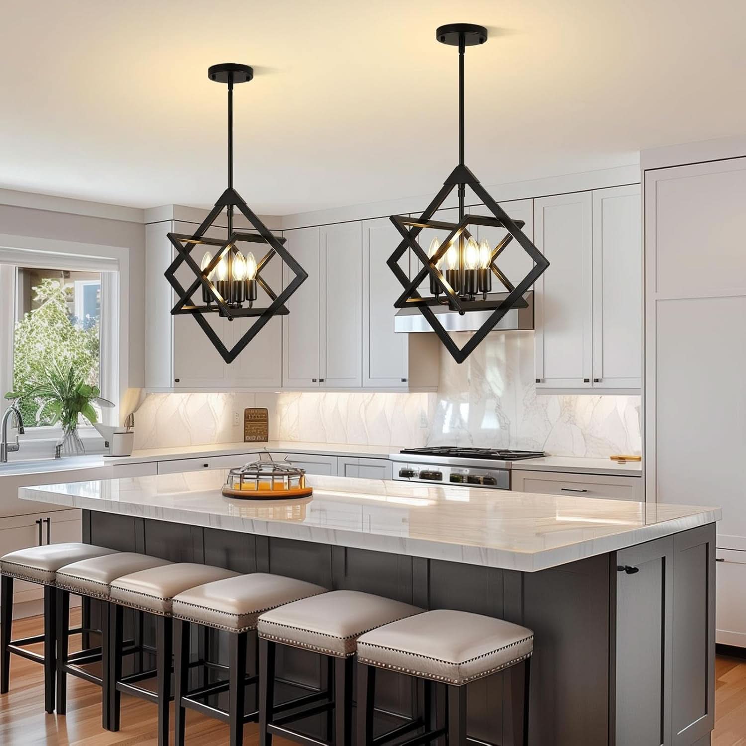 18 Inch Black Geometric Industrial Farmhouse Chandelier With 4 Lights Adjustable Height
