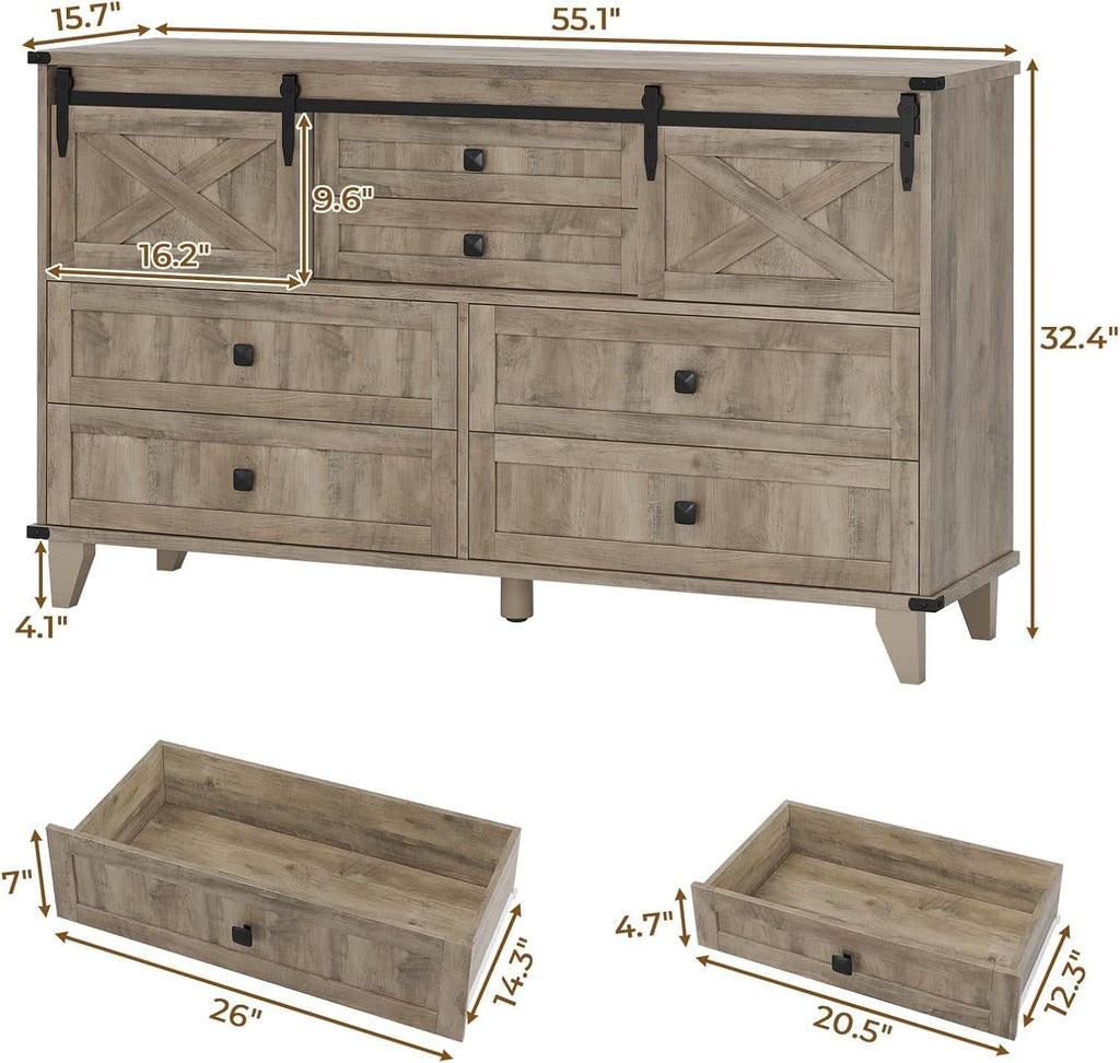 Six Drawer Dresser Rustic Oakwood Sliding BarnDoor