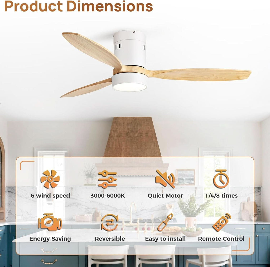 52 Inch White Wood Ceiling Fan With LED Light And Remote
