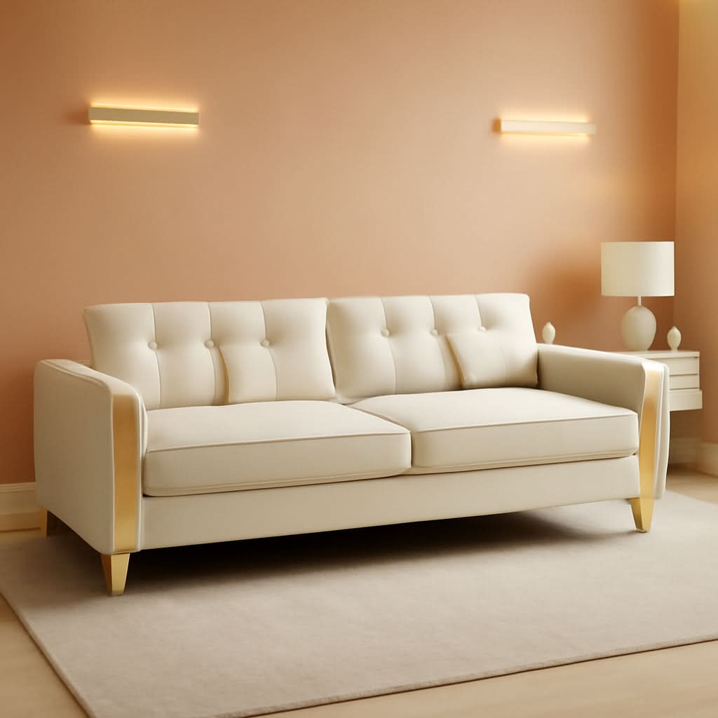 86 Inch Loveseat Sofa Set With Gold Metal Legs Beige Velvet Upholstery For Living Room