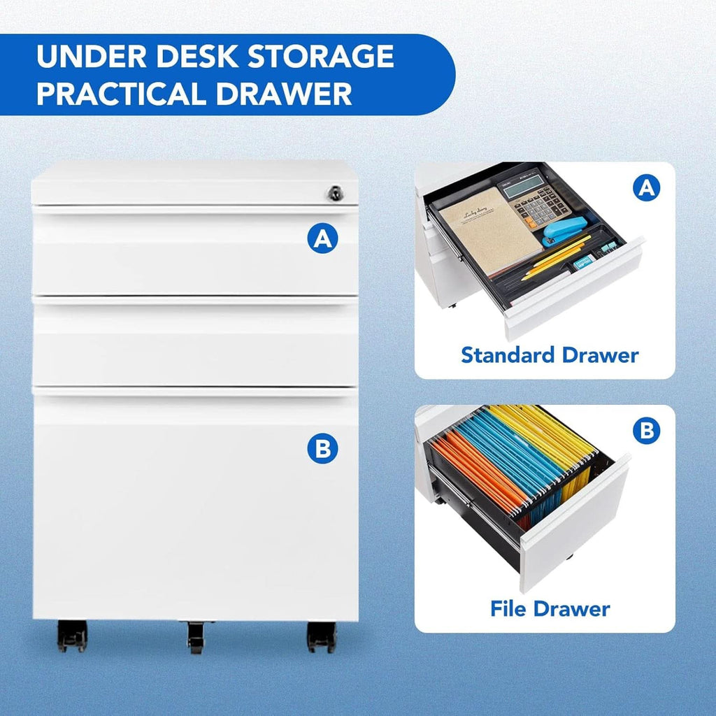 Three Drawer Mobile File Cabinet Under Desk White With Locking System For Legal Letter A4 Files