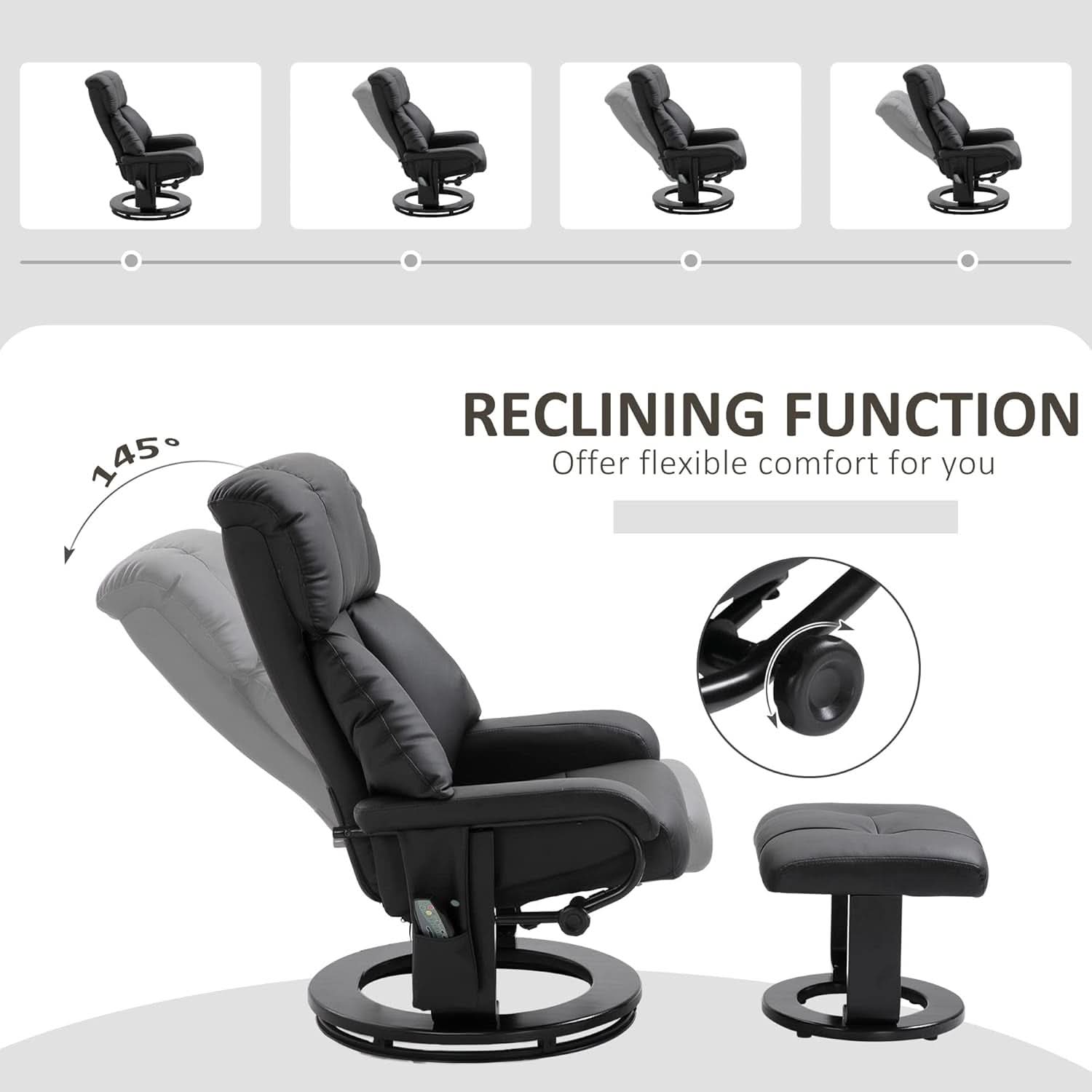 Massage Recliner Chair With Ottoman 360 Degree Swivel Black PU Leather