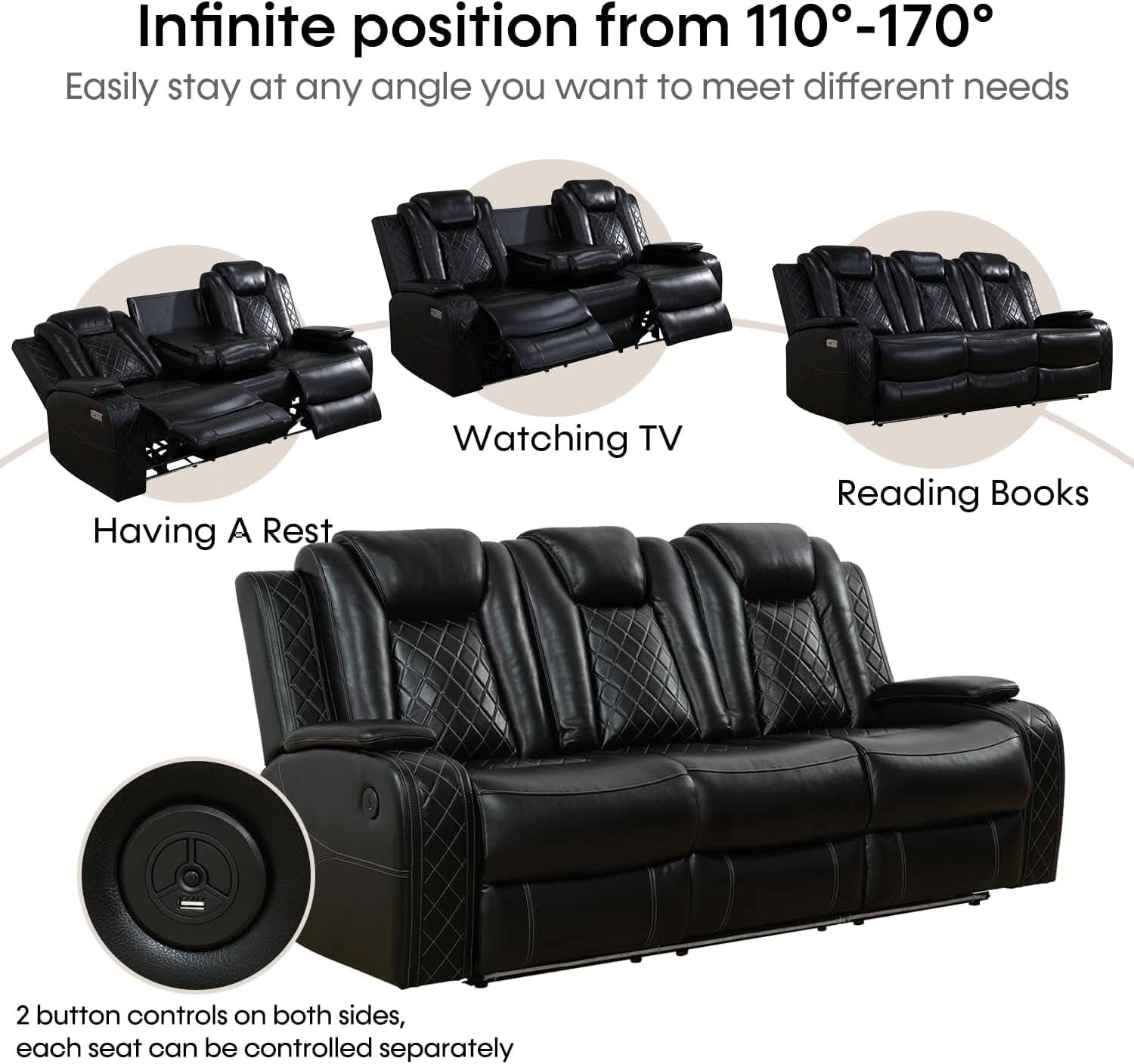 Black Leather Power Recliner Sofa Set With USB Ports