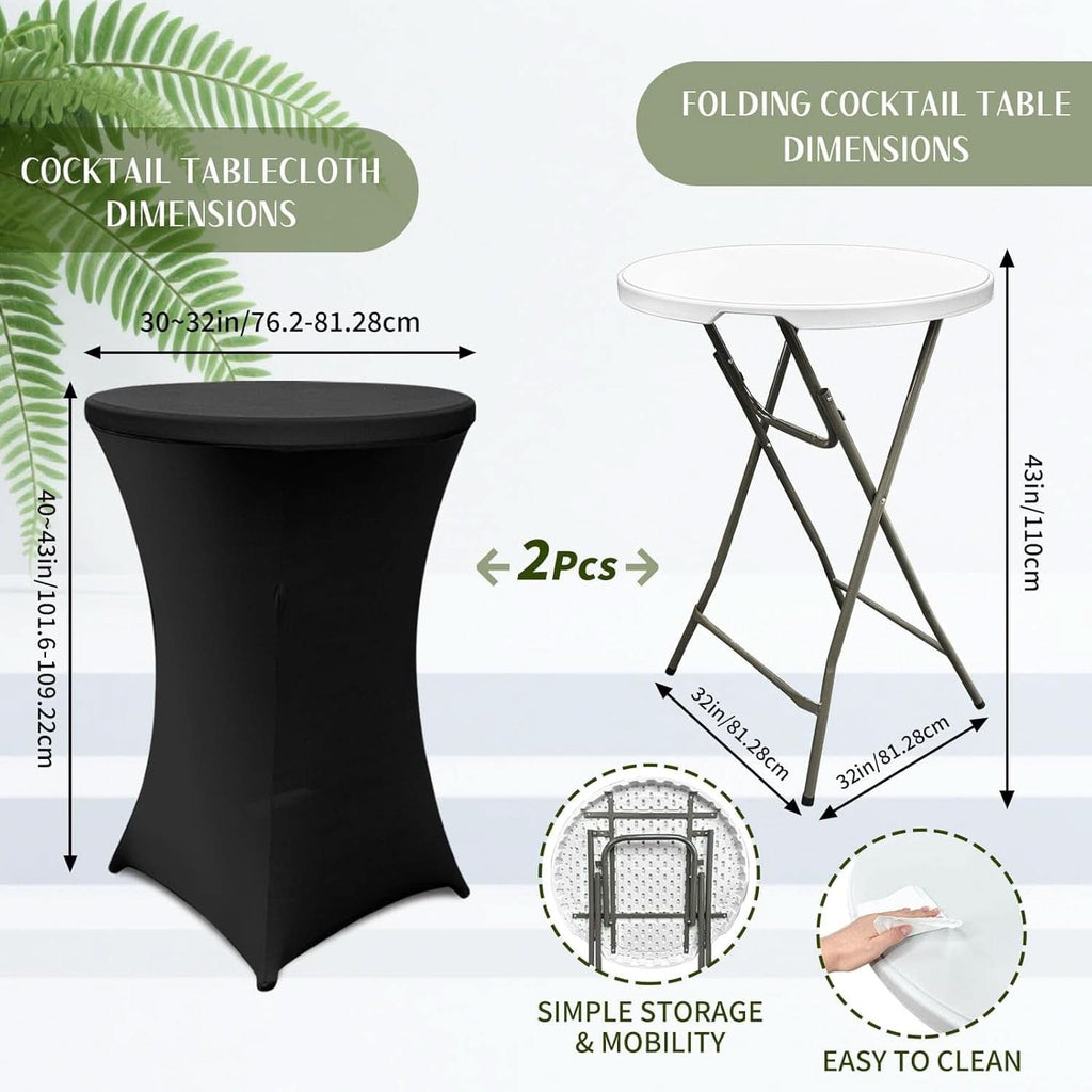 32-Inch Round Folding High Top Cocktail Tables with Black Spandex Covers, Set of 2