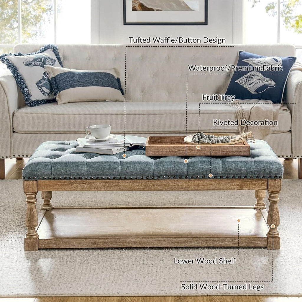 Blue Rectangular Upholstered Ottoman Coffee Table Tray