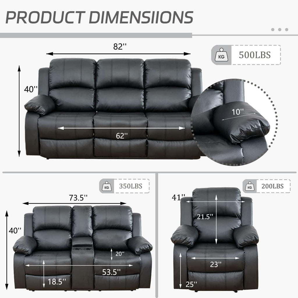 Manual Recliner Sofa Set Black With Cup Holder Storage Console