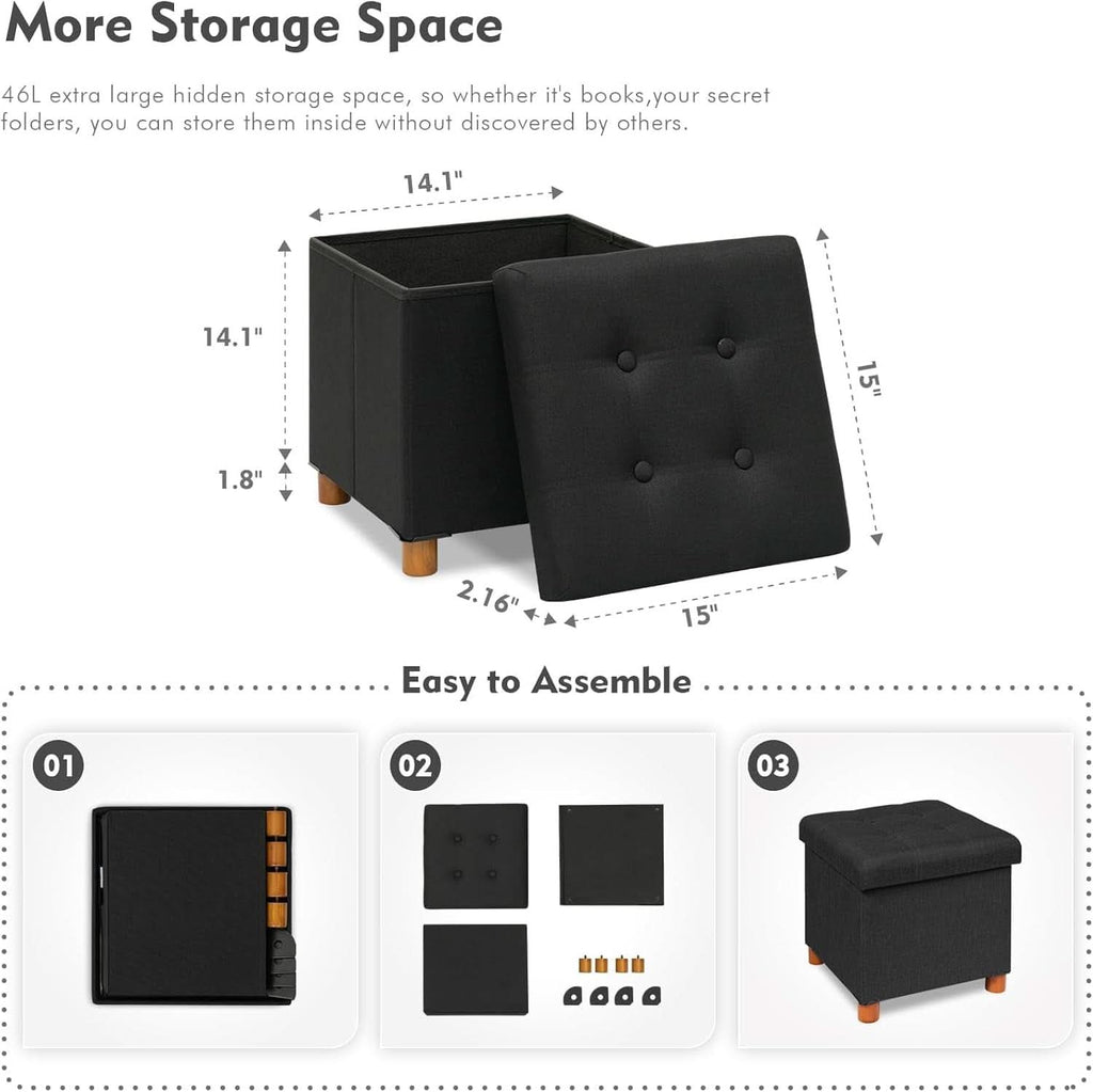 Black Linen Premium Storage Cube Ottoman Tray 15Inch