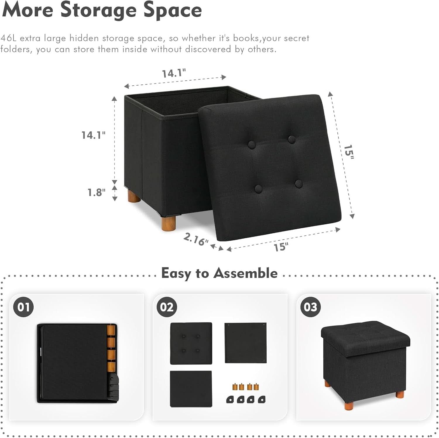 Black Linen Premium Storage Cube Ottoman Tray 15Inch