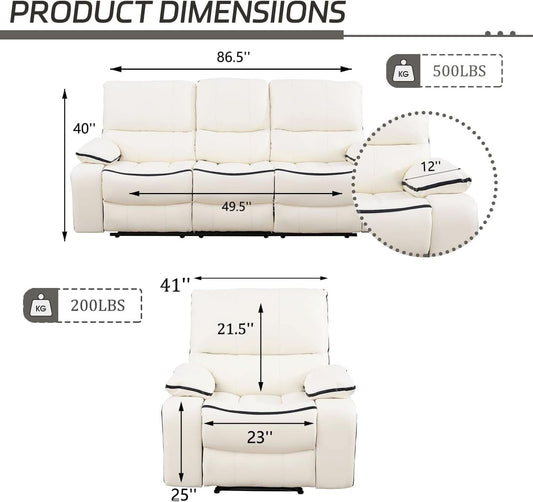 Cream White Bonded Leather Recliner Sofa Set With Manual Recliner