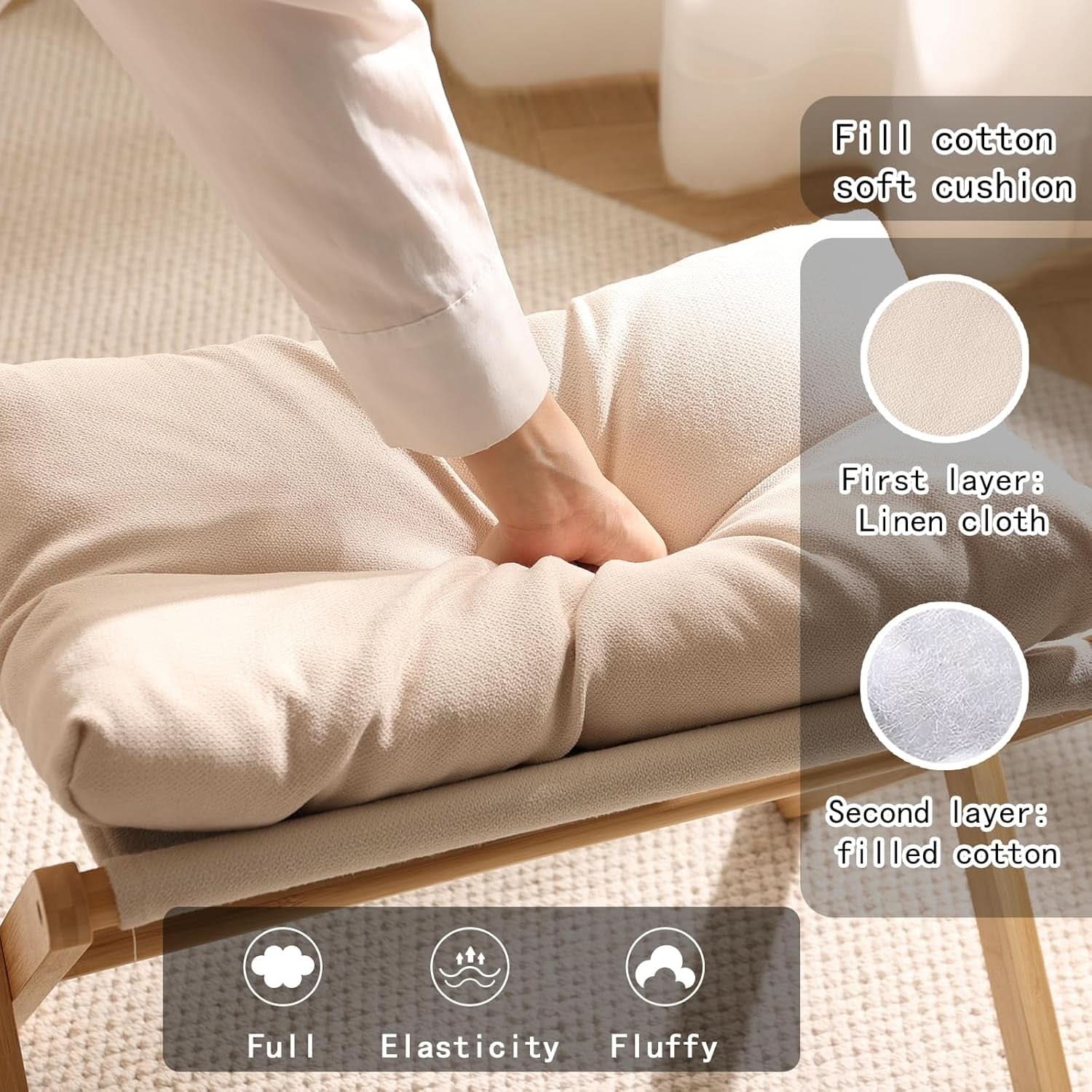 Bamboo Foldable Ottoman Foot Rest Beige Upholstered