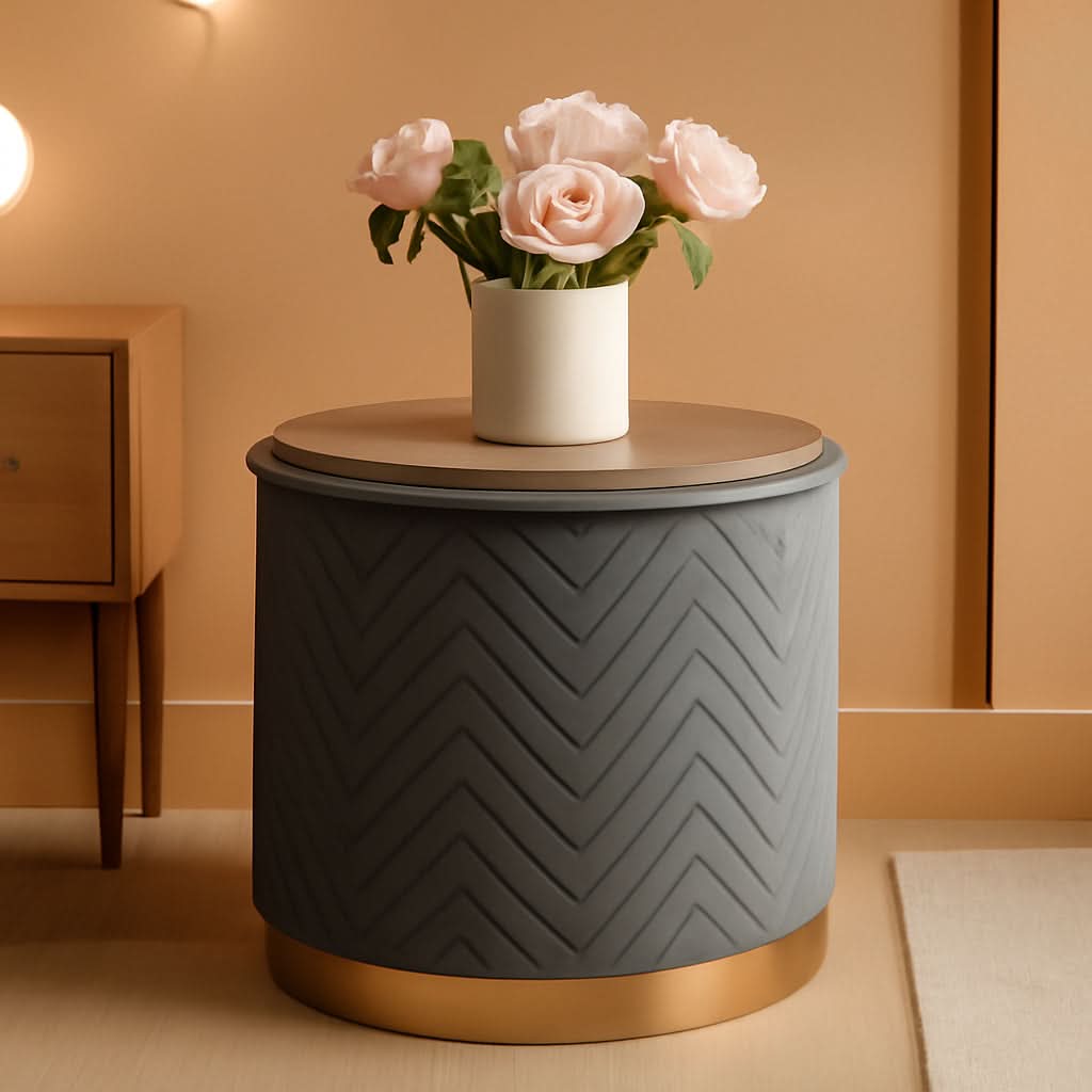 Grey Velvet Circular Storage Ottoman Golden Accents
