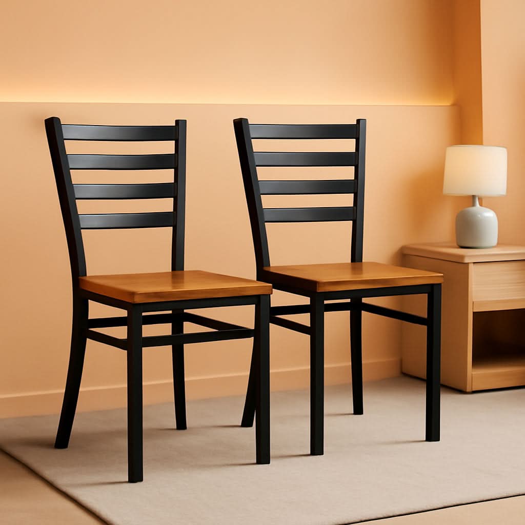 2 Pack HERCULES Series Black Ladder Back Metal Restaurant Chair With Cherry Wood Seat