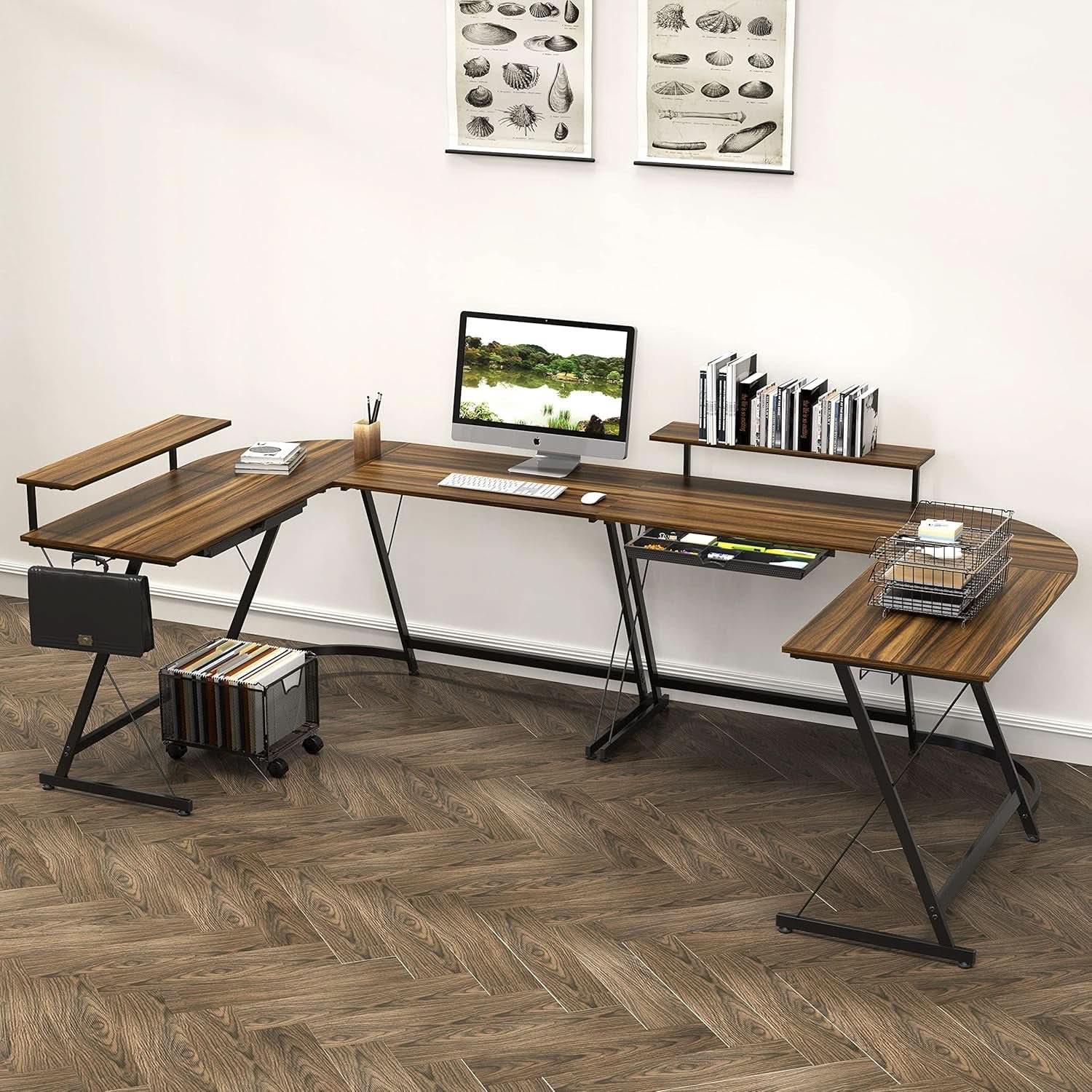 Vista L Shape Desk With Monitor Stand Walnut Finish