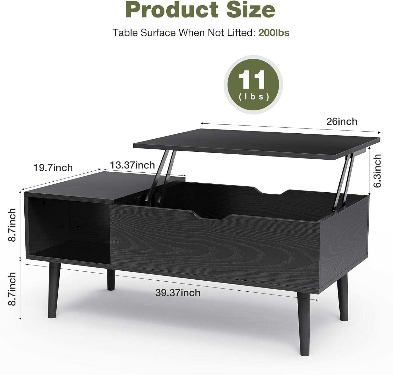 Black Wood Lift Top Coffee Table With Hidden Compartment