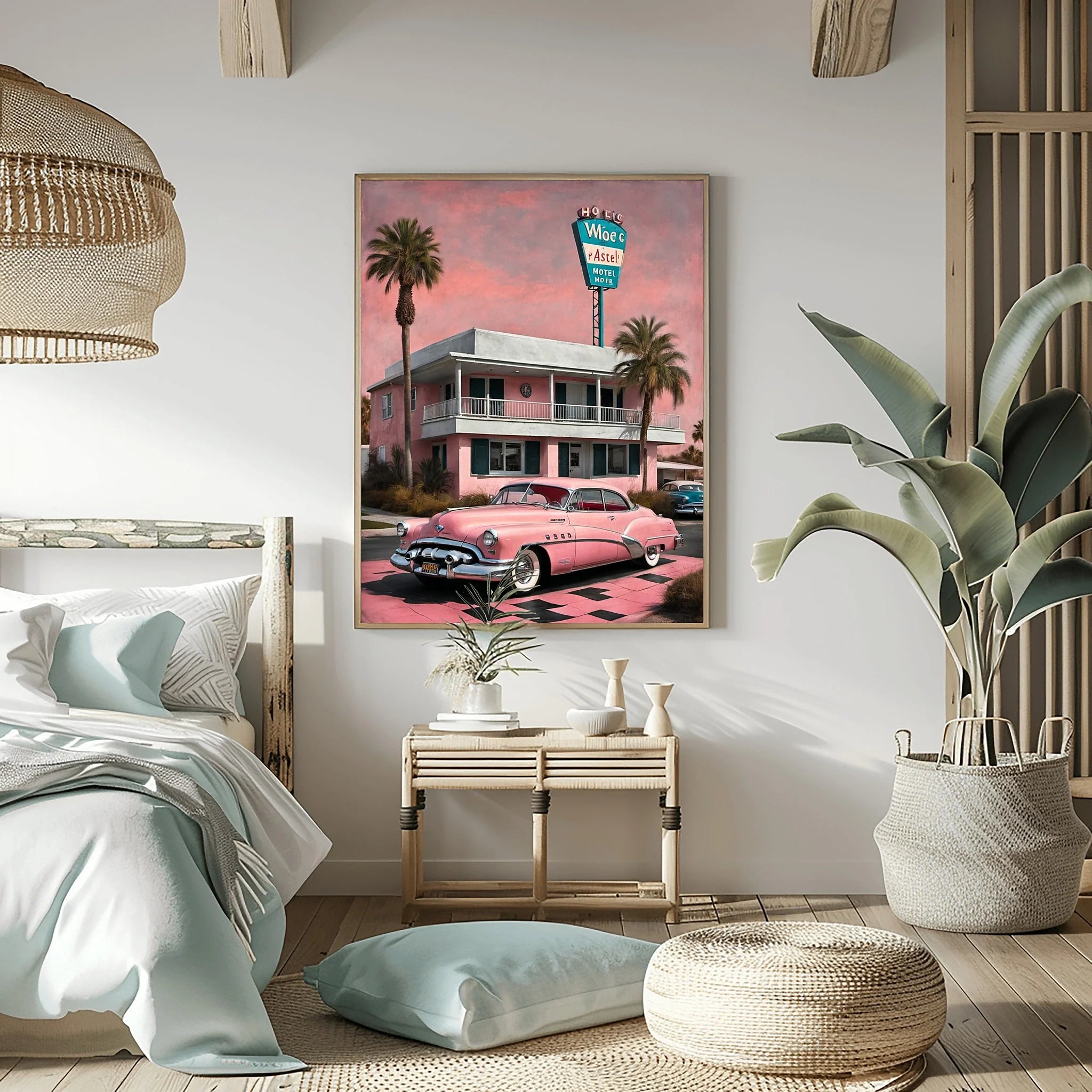 1950 American Riviera Pink Motel Wall Art | Mid-Century Retro Travel Decor