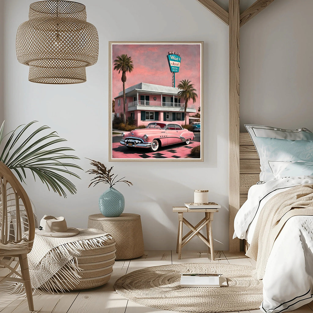1950 American Riviera Pink Motel Wall Art | Mid-Century Retro Travel Decor