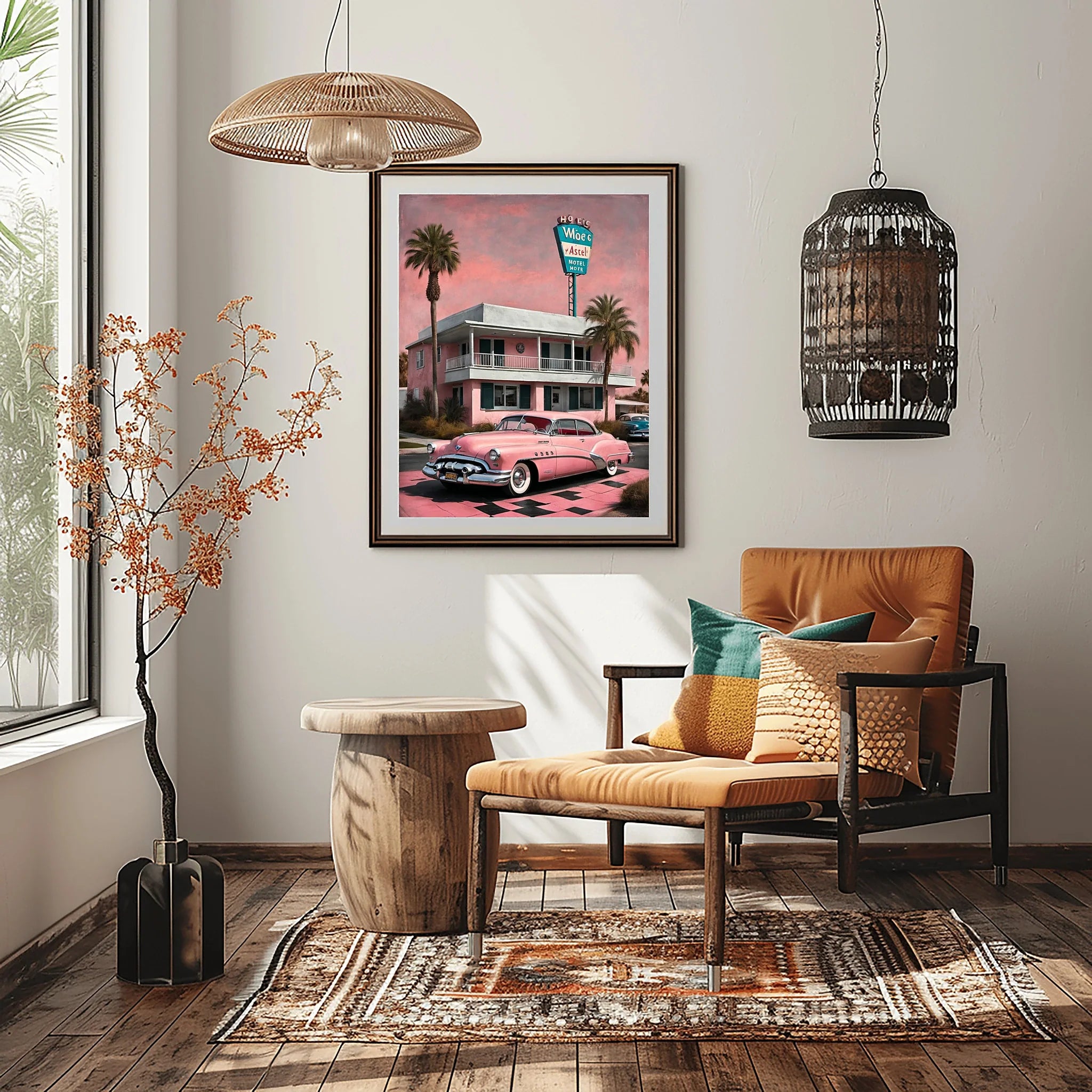 1950 American Riviera Pink Motel Wall Art | Mid-Century Retro Travel Decor