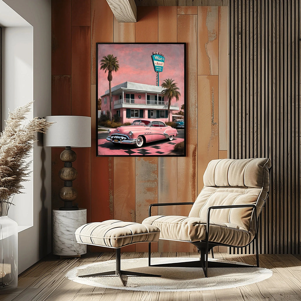 1950 American Riviera Pink Motel Wall Art | Mid-Century Retro Travel Decor