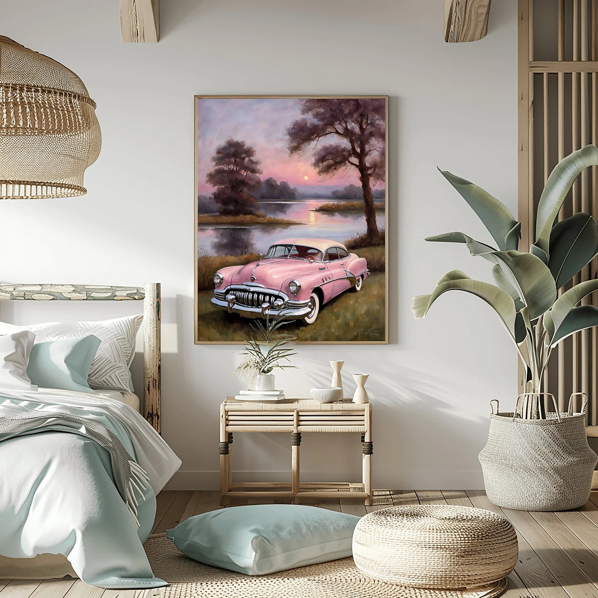1950 American Riviera Pink Classic Car Lakeside Sunset | Retro Dream Print