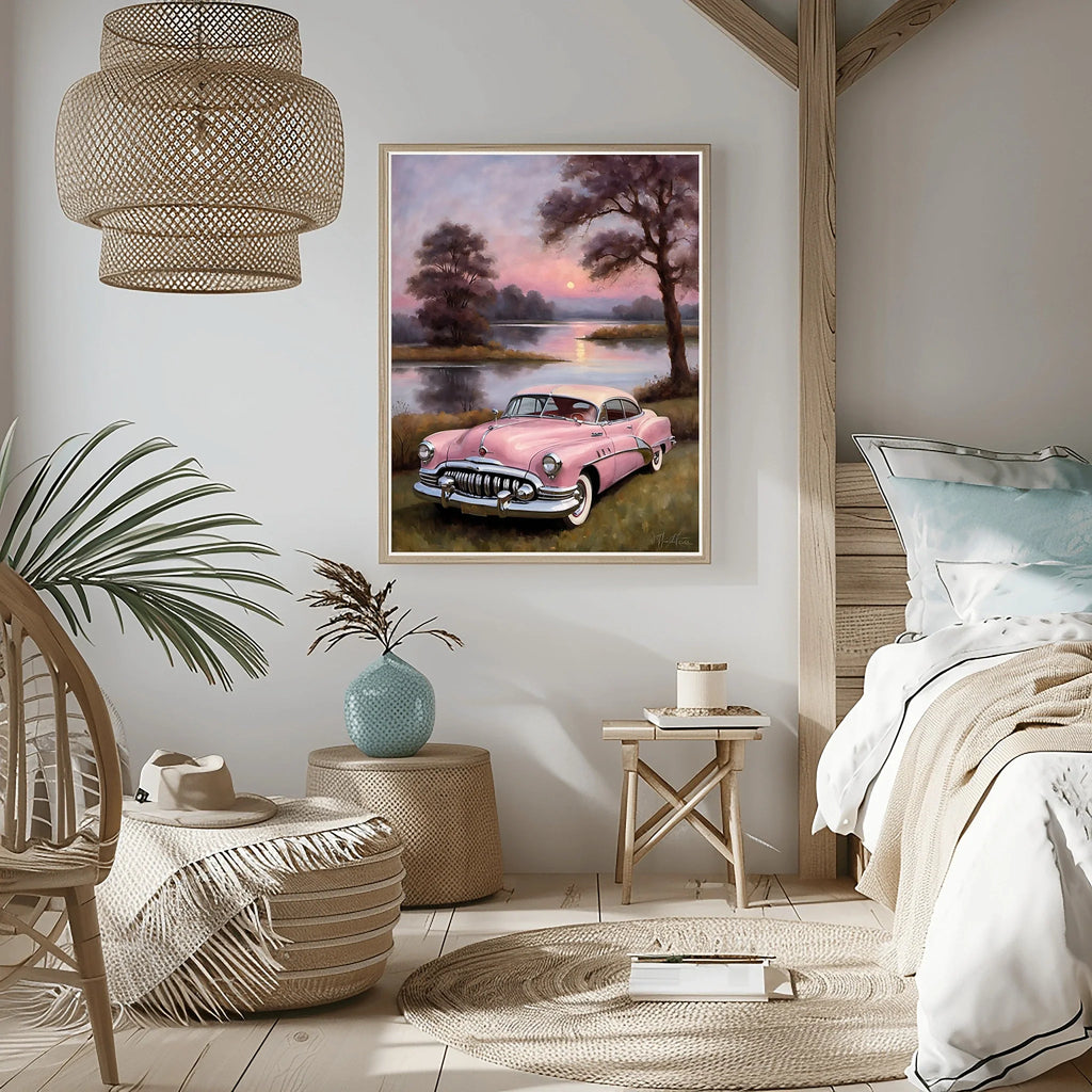 1950 American Riviera Pink Classic Car Lakeside Sunset | Retro Dream Print