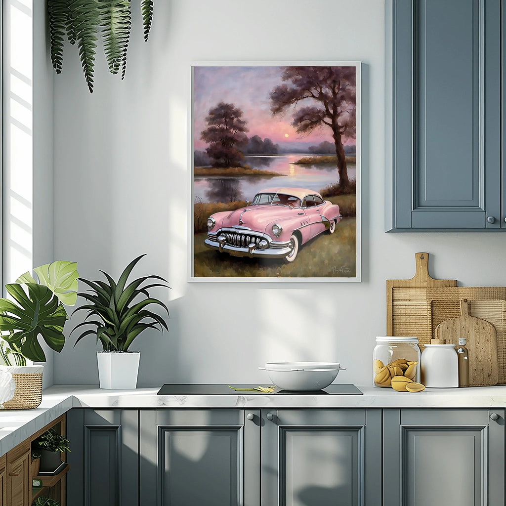 1950 American Riviera Pink Classic Car Lakeside Sunset | Retro Dream Print