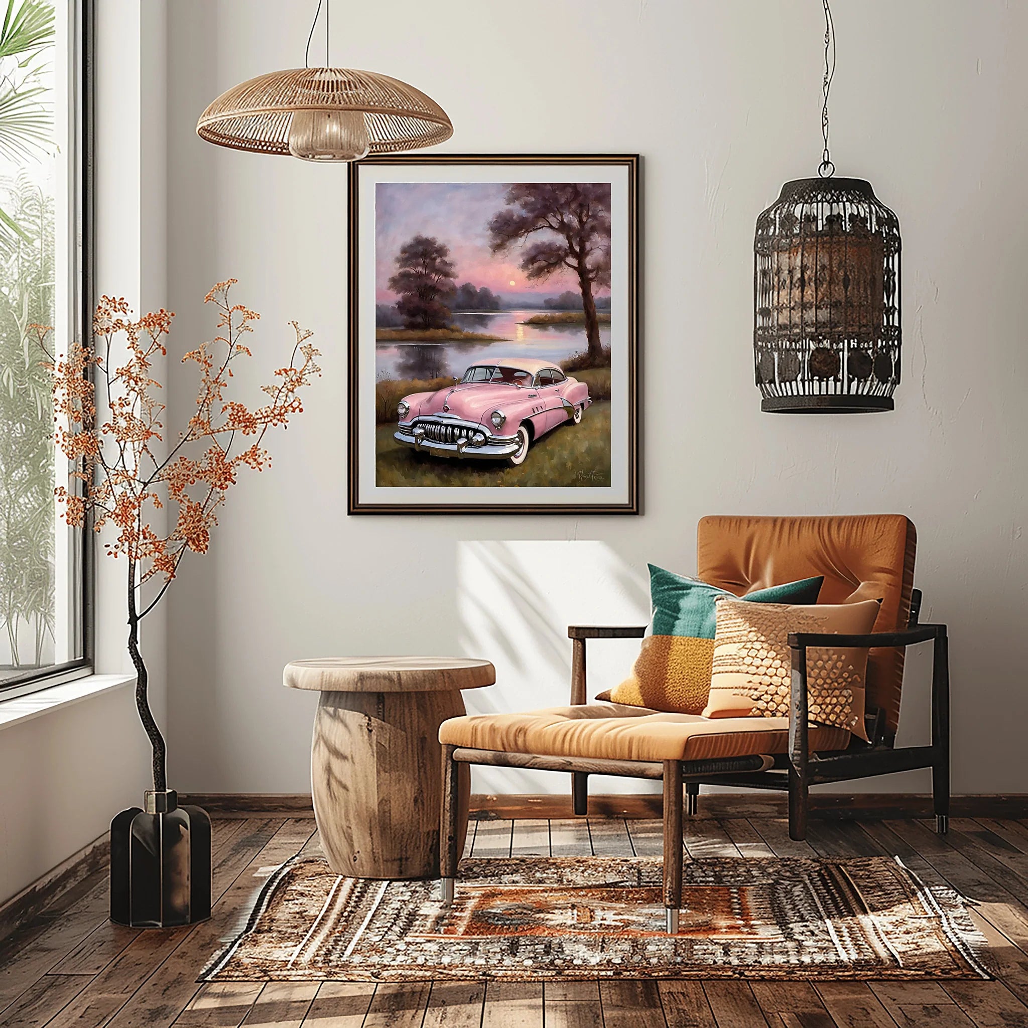 1950 American Riviera Pink Classic Car Lakeside Sunset | Retro Dream Print