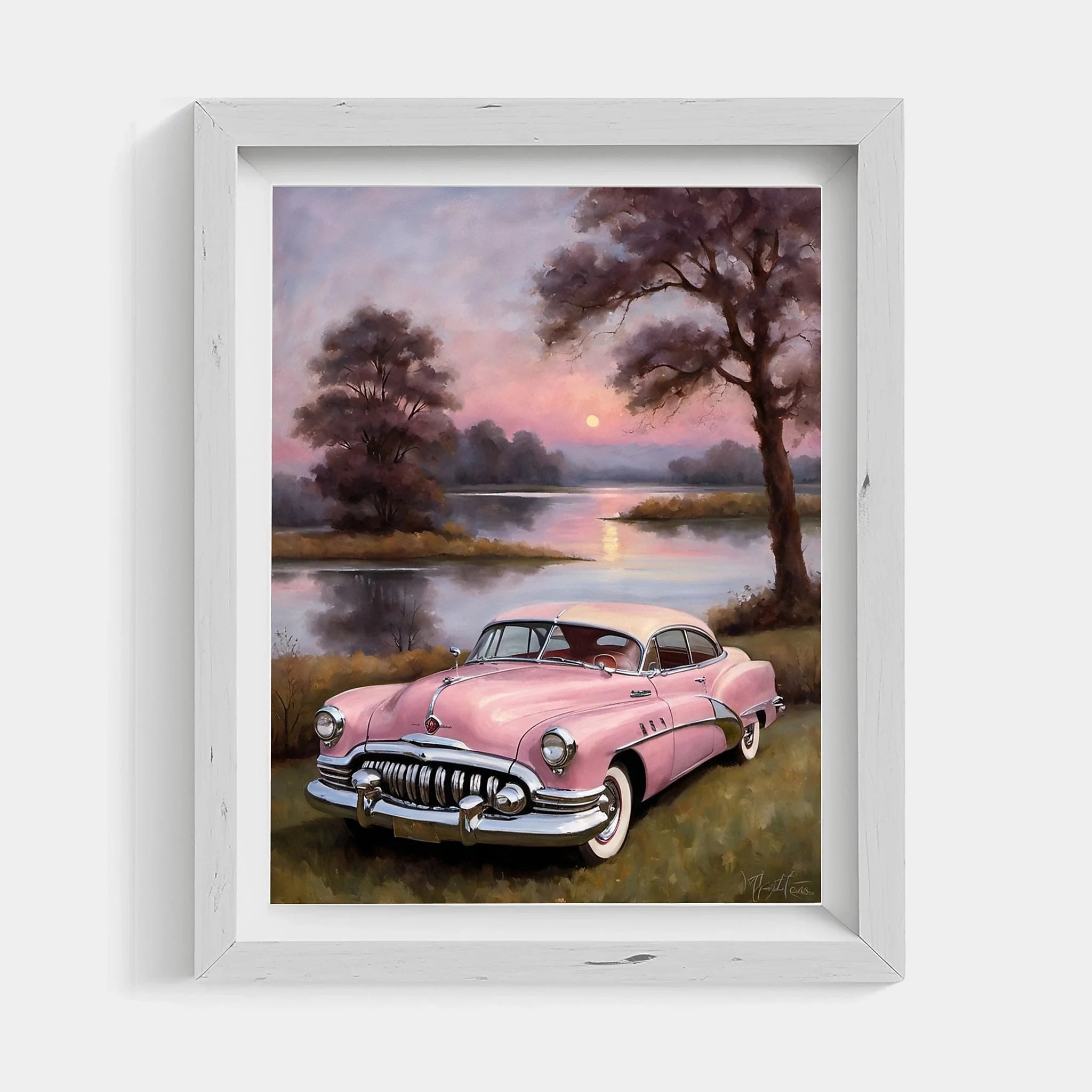 1950 American Riviera Pink Classic Car Lakeside Sunset | Retro Dream Print
