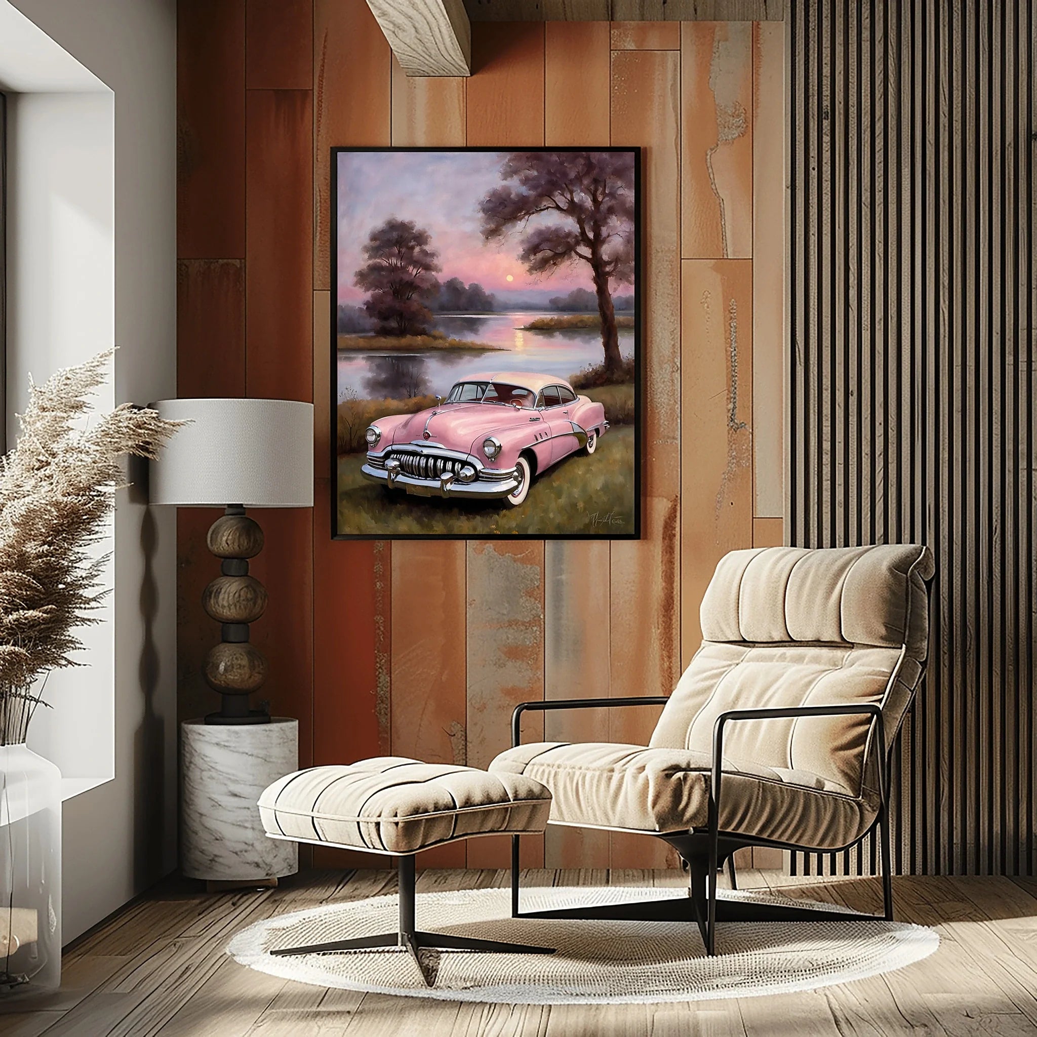 1950 American Riviera Pink Classic Car Lakeside Sunset | Retro Dream Print