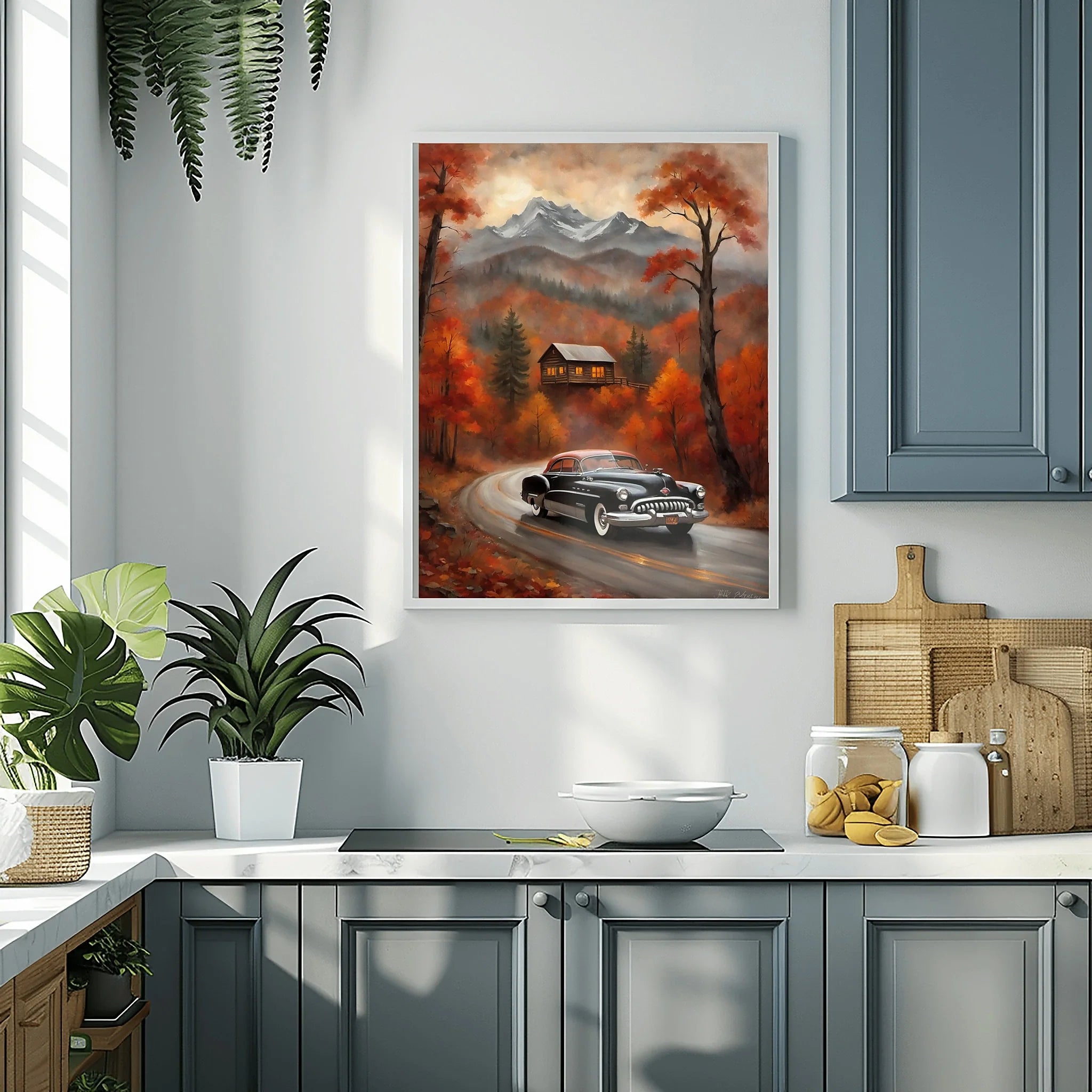 1950 American Riviera Mountain Road Trip Wall Art | Classic Car Autumn Landscape