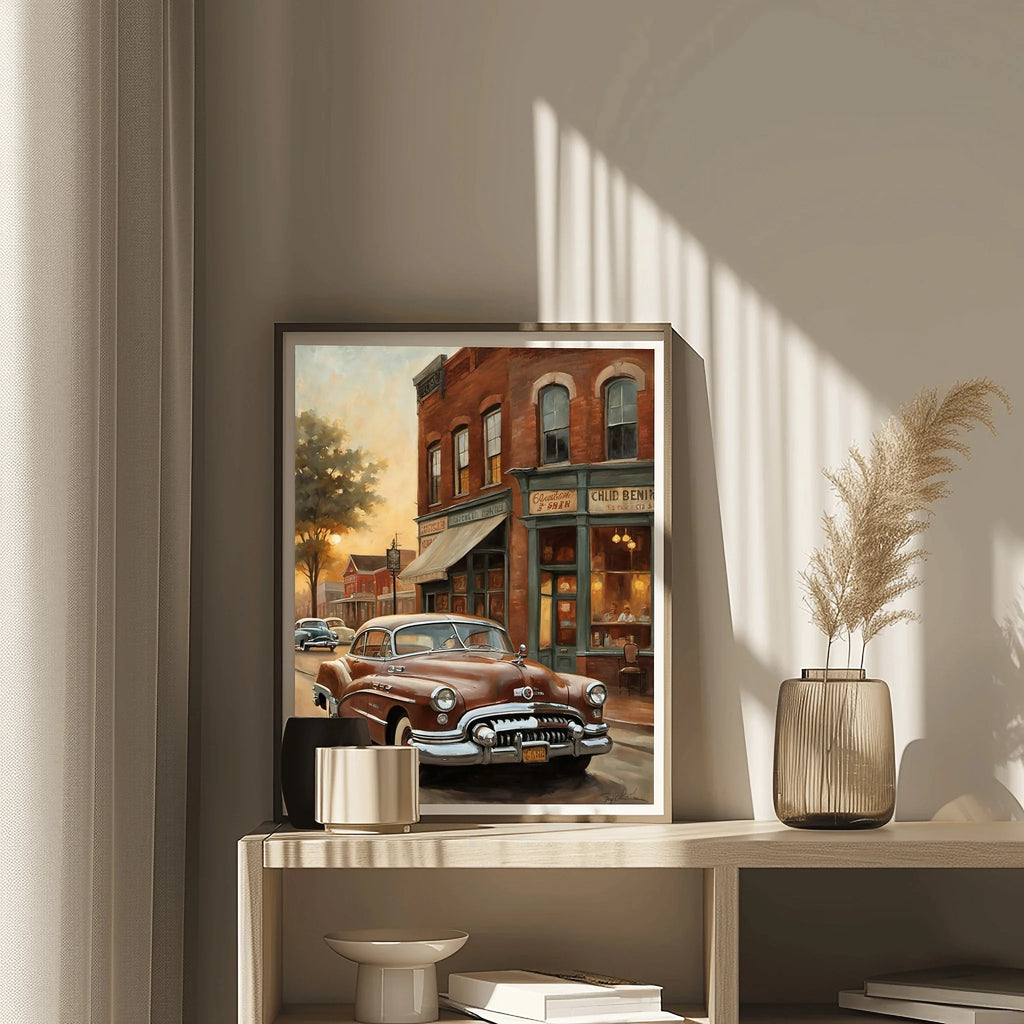 1950 American Riviera Downtown Street View Wall Art | Vintage Urban Classic Car Print