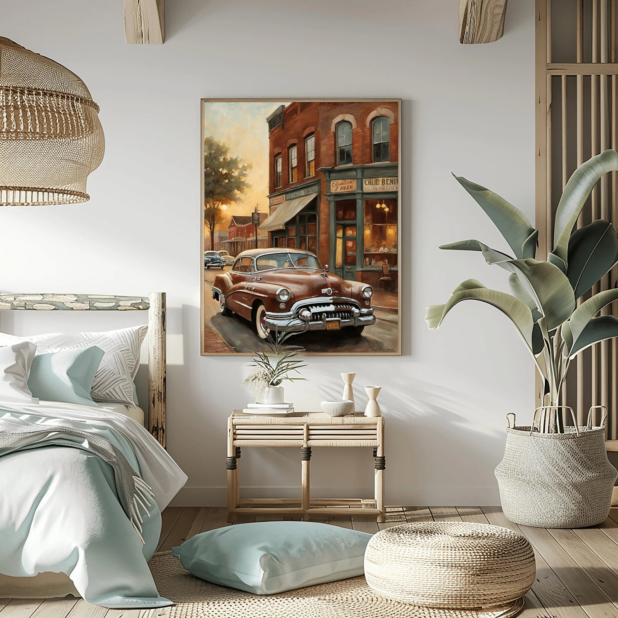 1950 American Riviera Downtown Street View Wall Art | Vintage Urban Classic Car Print