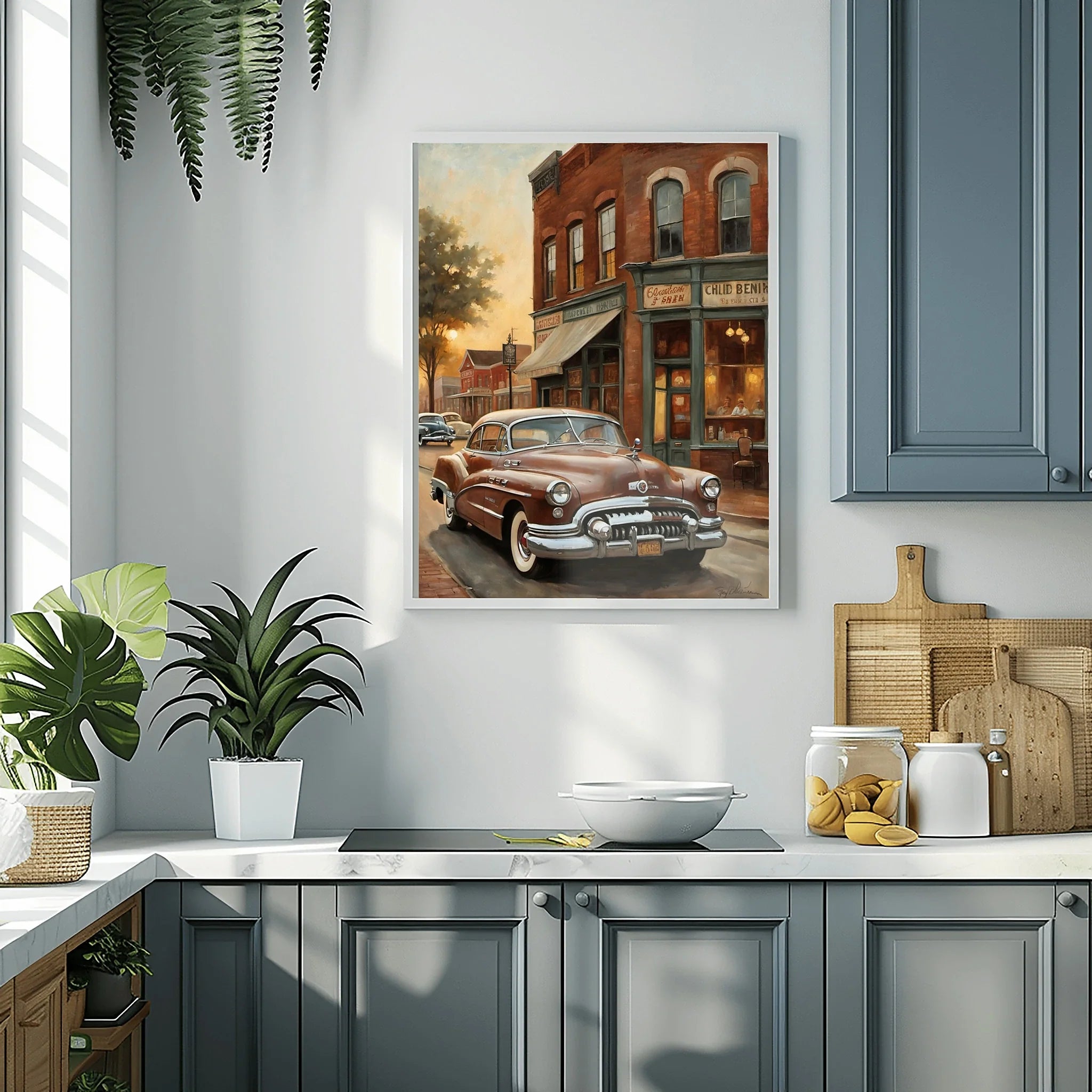 1950 American Riviera Downtown Street View Wall Art | Vintage Urban Classic Car Print