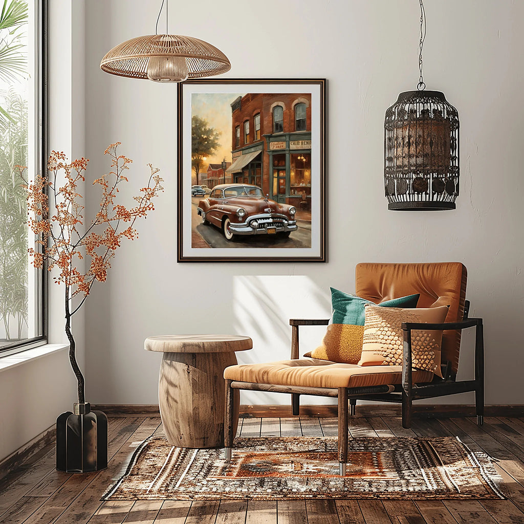 1950 American Riviera Downtown Street View Wall Art | Vintage Urban Classic Car Print