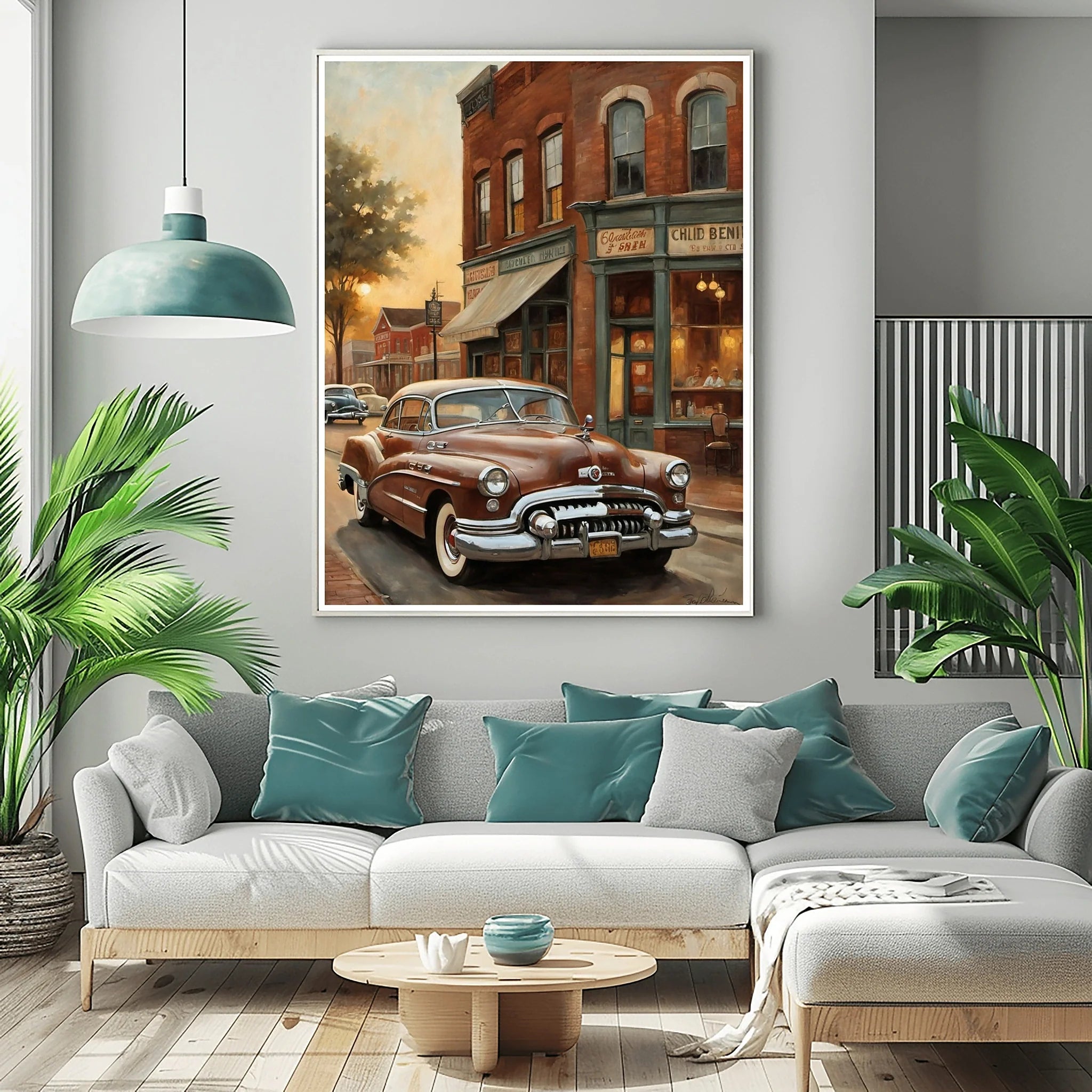1950 American Riviera Downtown Street View Wall Art | Vintage Urban Classic Car Print