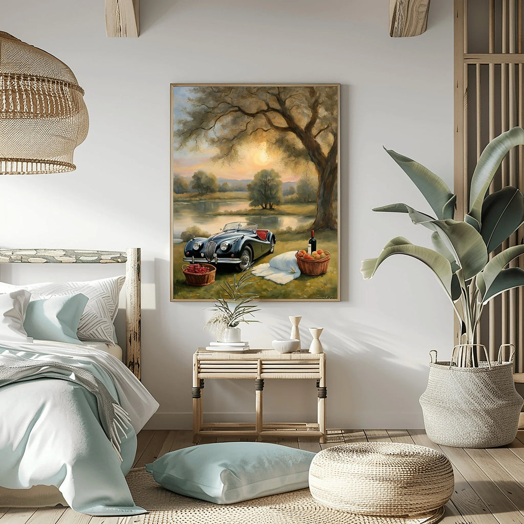1950 British Racing Roadster Lakeside Picnic Wall Art | Vintage Leisure Print