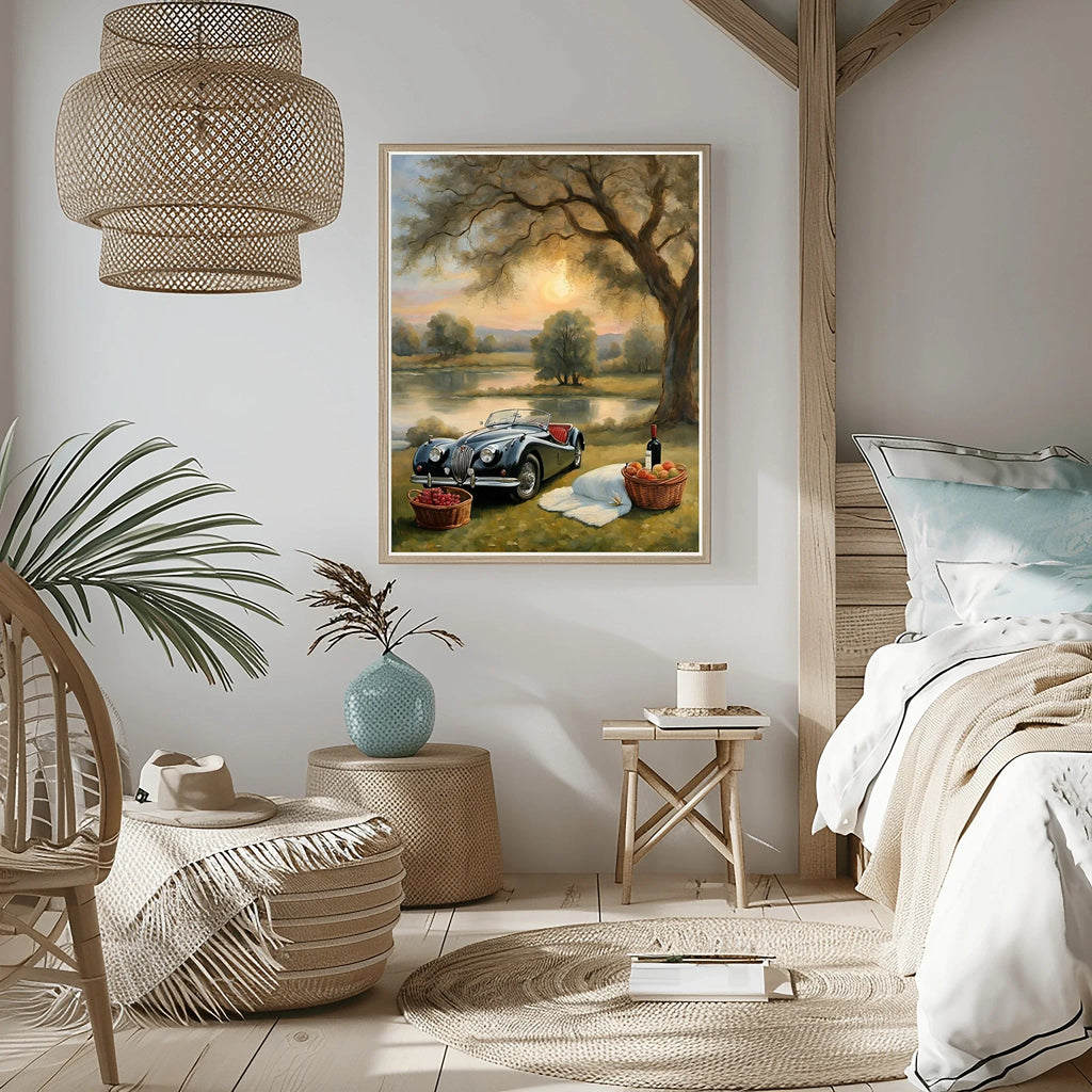 1950 British Racing Roadster Lakeside Picnic Wall Art | Vintage Leisure Print